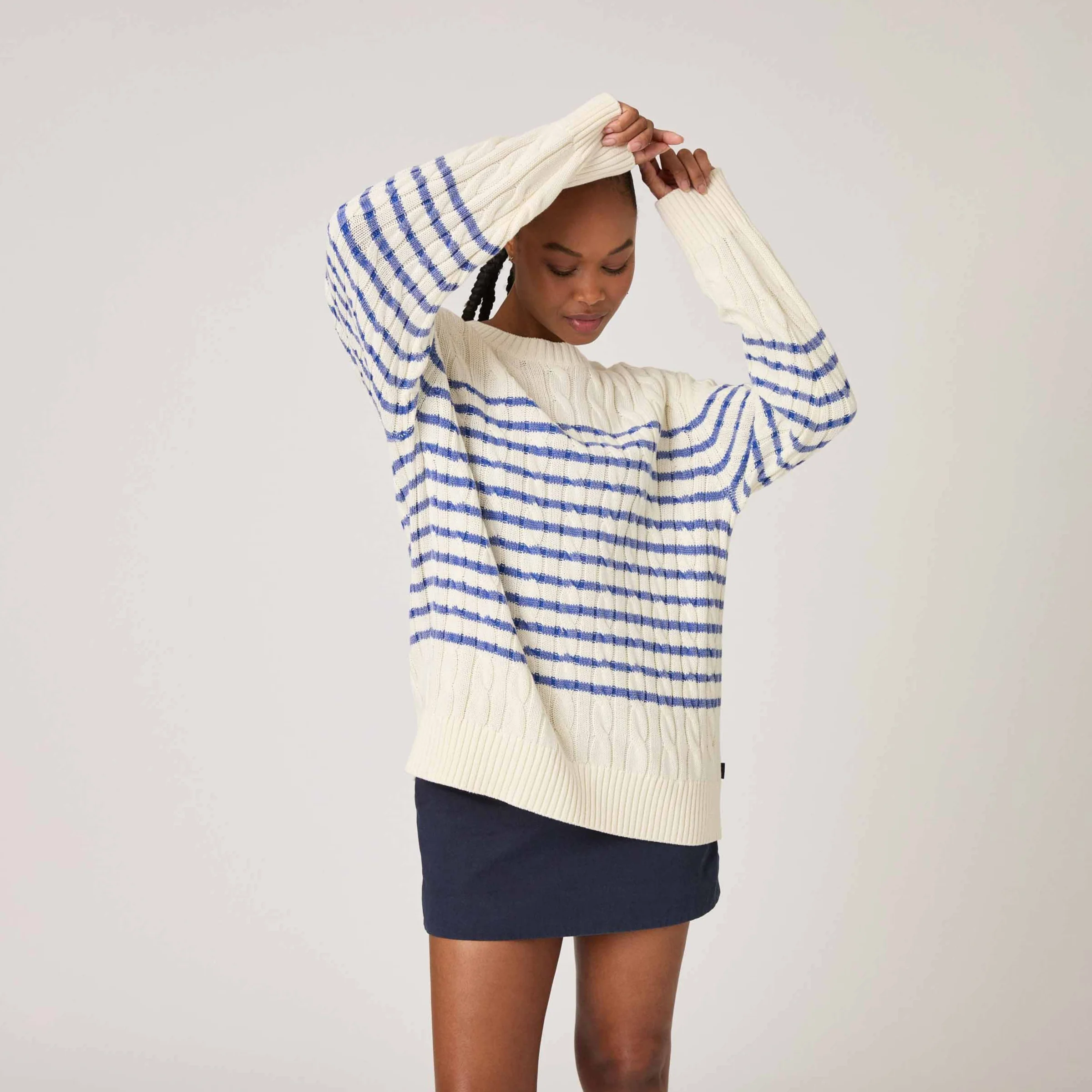 Men's Striped Cableknit Sweater Ivory Blue Stripe - Image 6