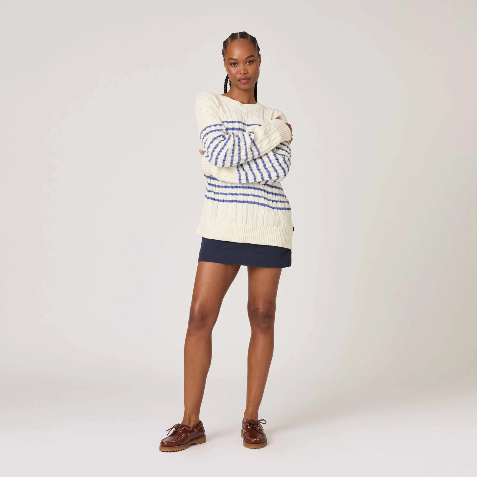 Men's Striped Cableknit Sweater Ivory Blue Stripe - Image 7
