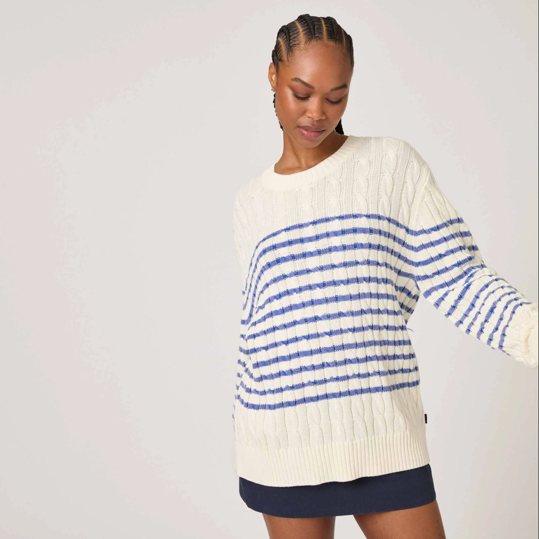 Men's Striped Cableknit Sweater Ivory Blue Stripe - Image 8