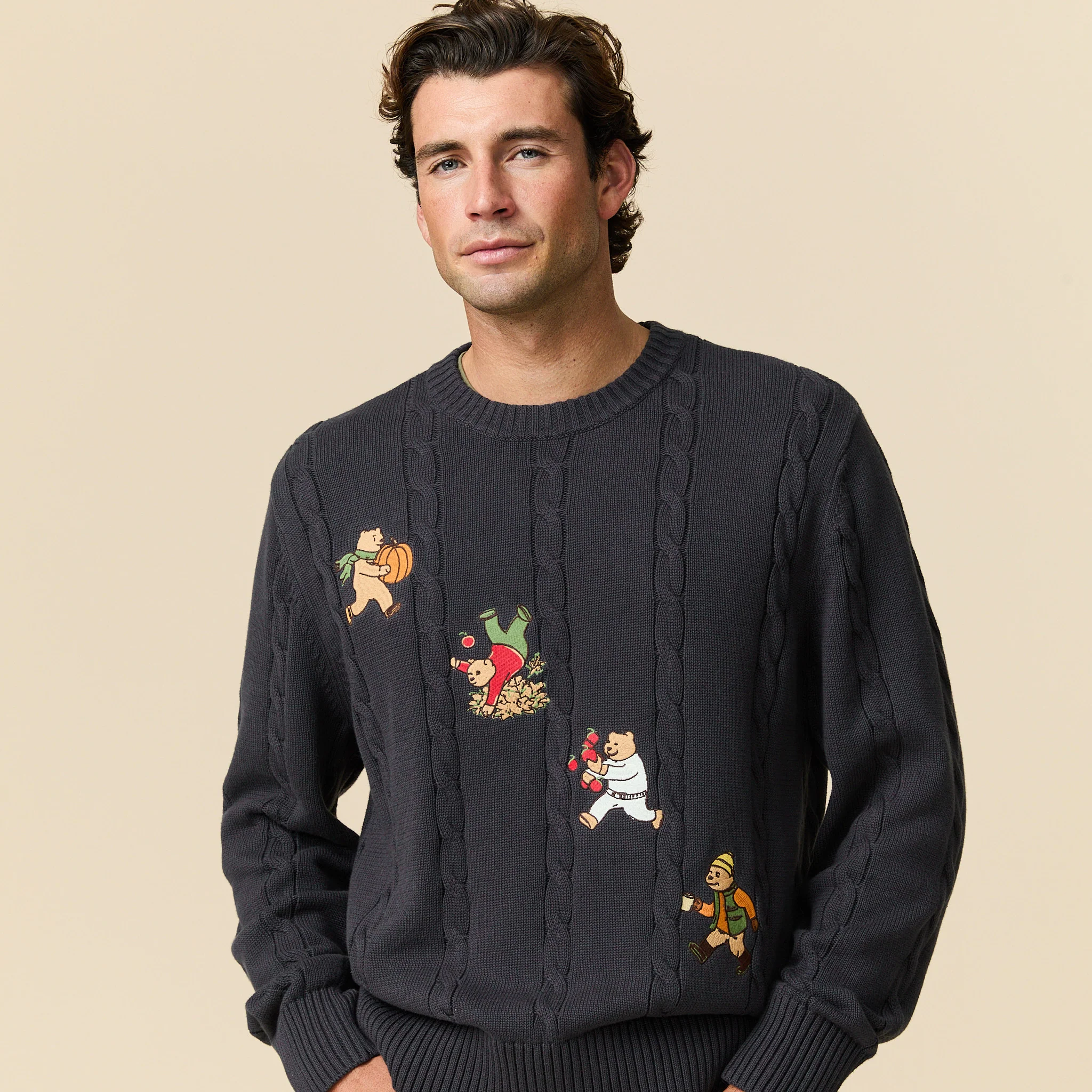 Men's Cotton Cable Autumn Bears Sweater Navy - Image 2
