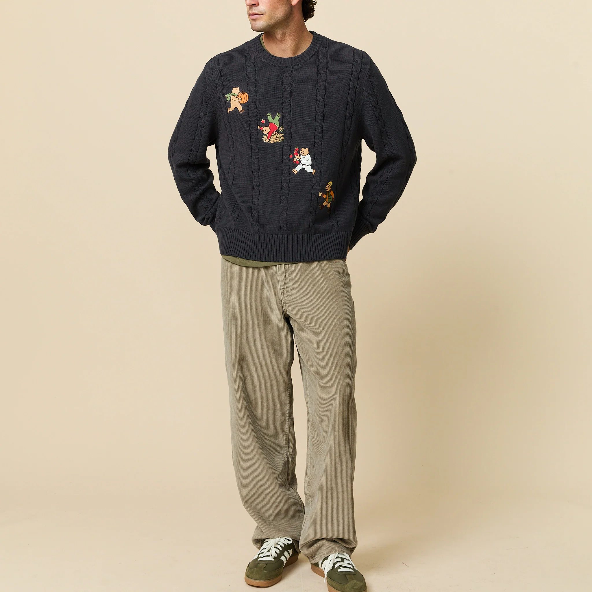Men's Cotton Cable Autumn Bears Sweater Navy - Image 4