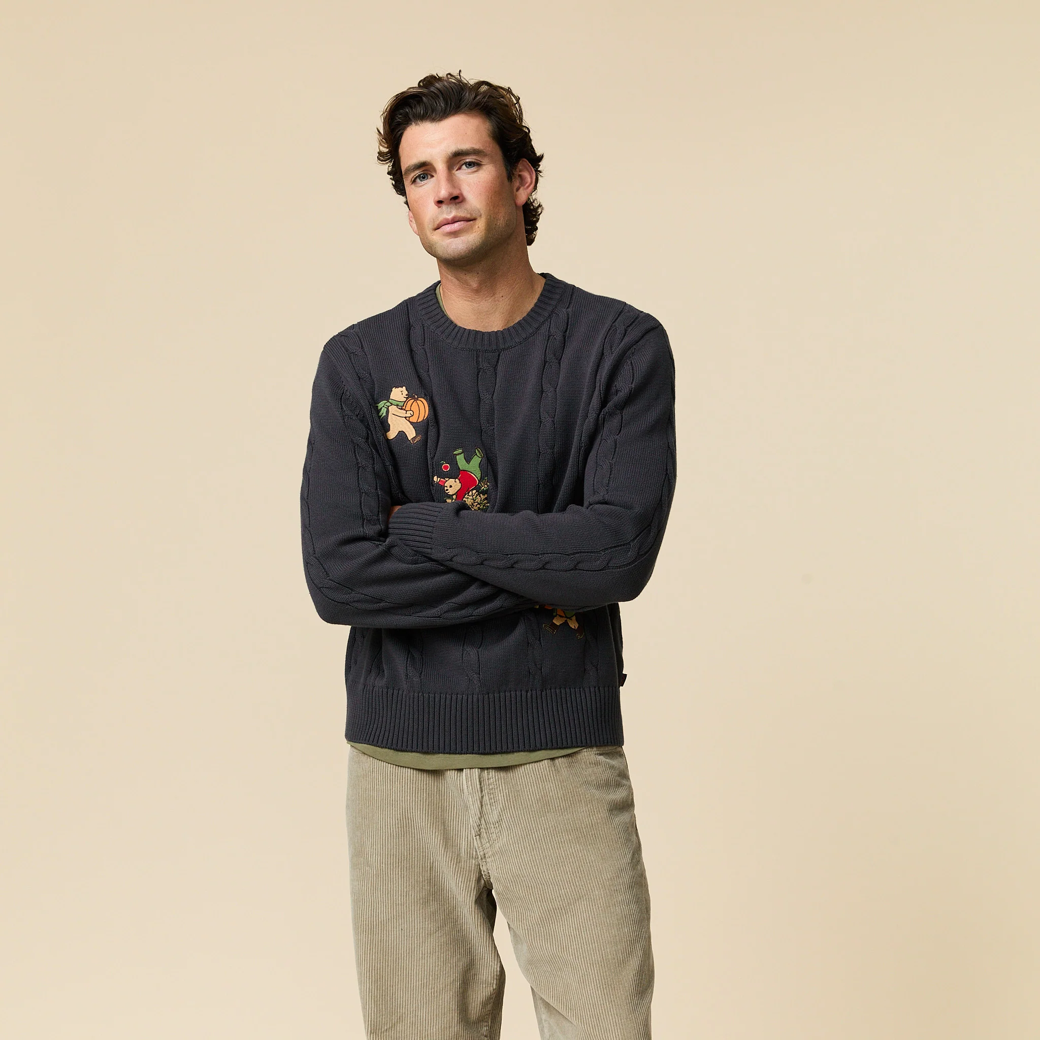 Men's Cotton Cable Autumn Bears Sweater Navy - Image 5