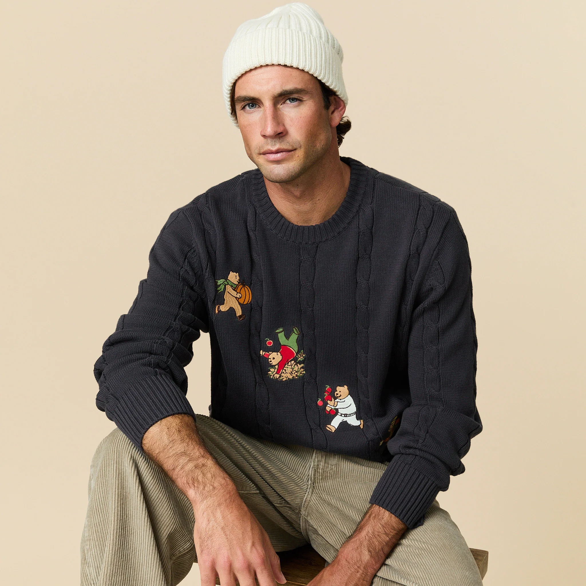 Men's Cotton Cable Autumn Bears Sweater Navy - Image 7