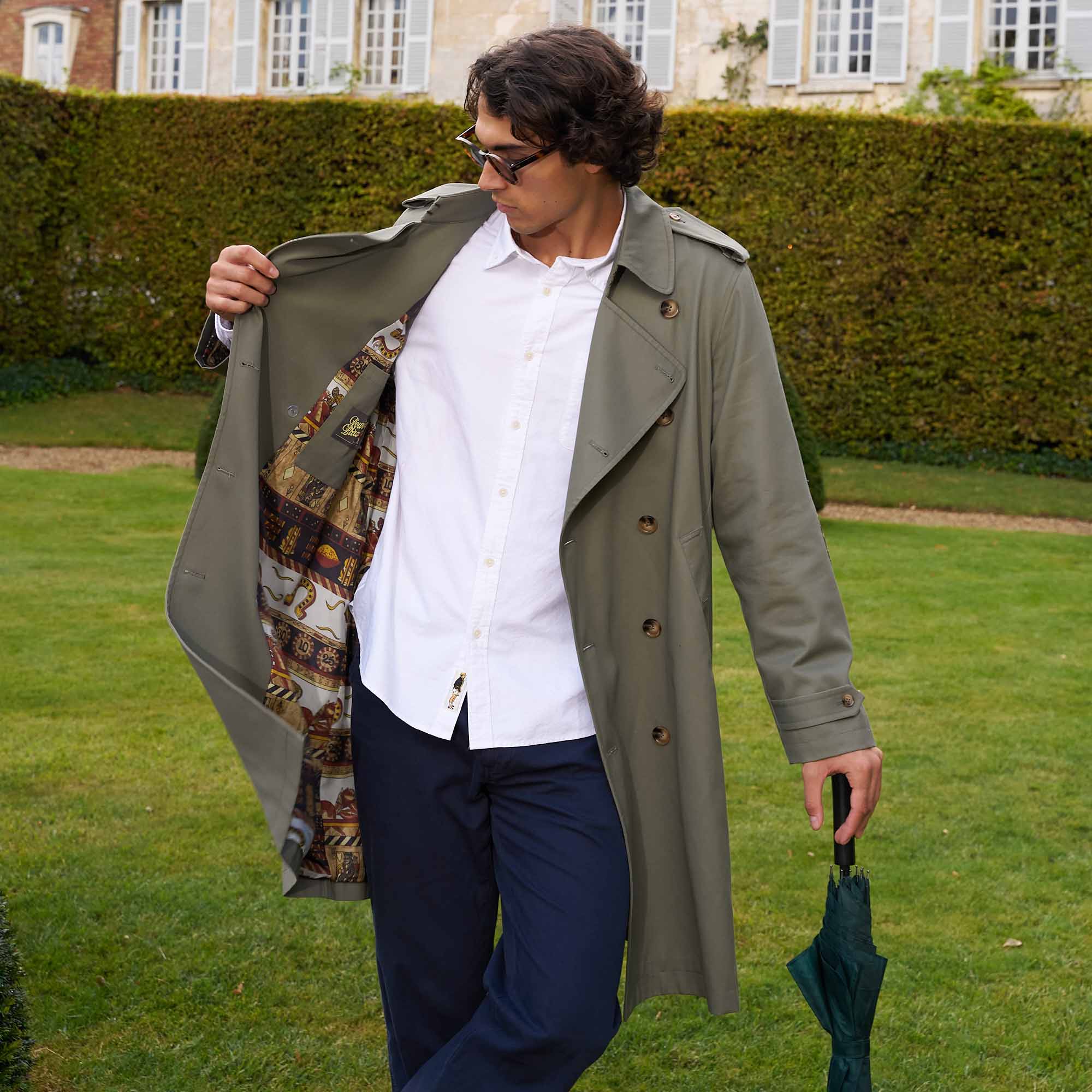 Men's Twill and Plaid Contrast Trench Coat Dark Olive - Image 10