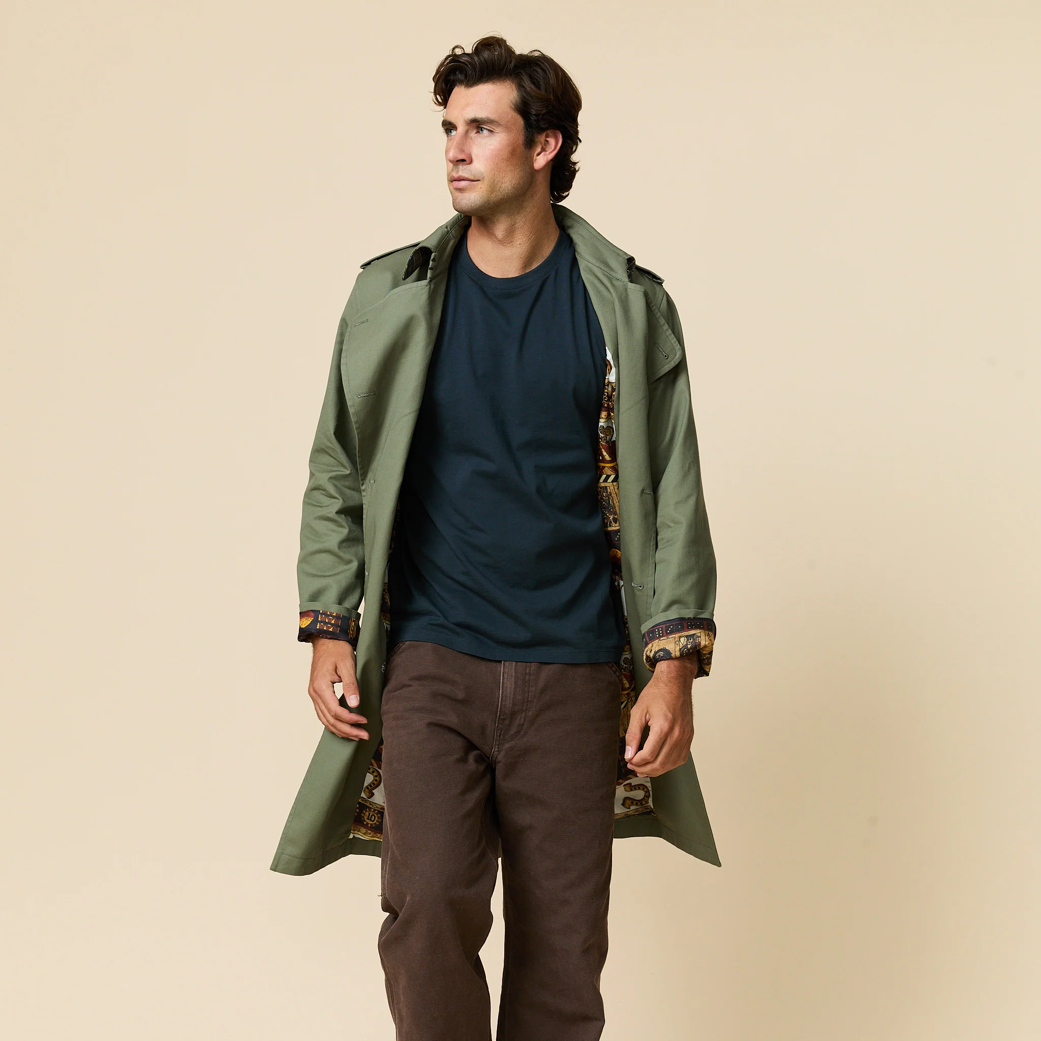 Men's Twill and Plaid Contrast Trench Coat Dark Olive - Image 2