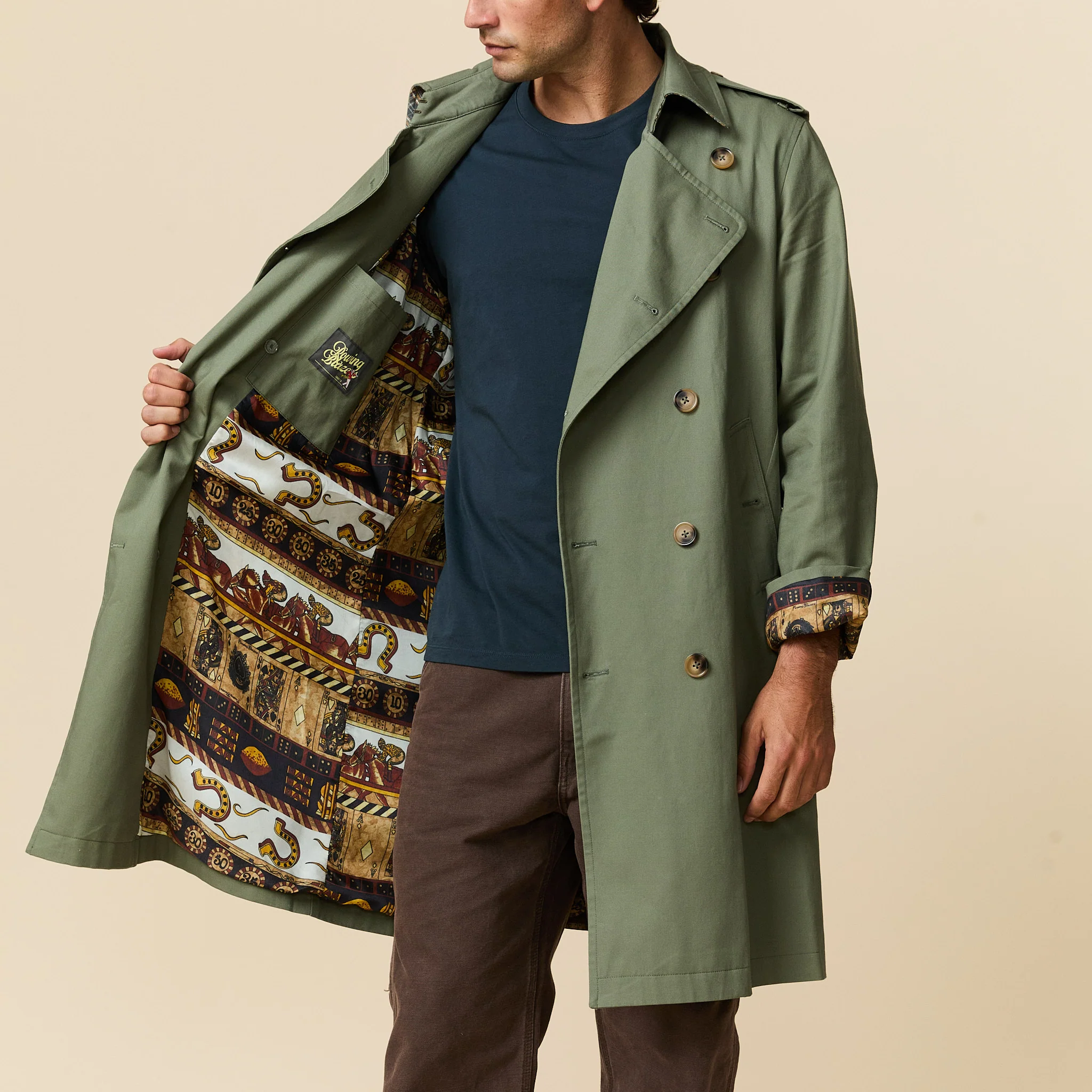 Men's Twill and Plaid Contrast Trench Coat Dark Olive - Image 3
