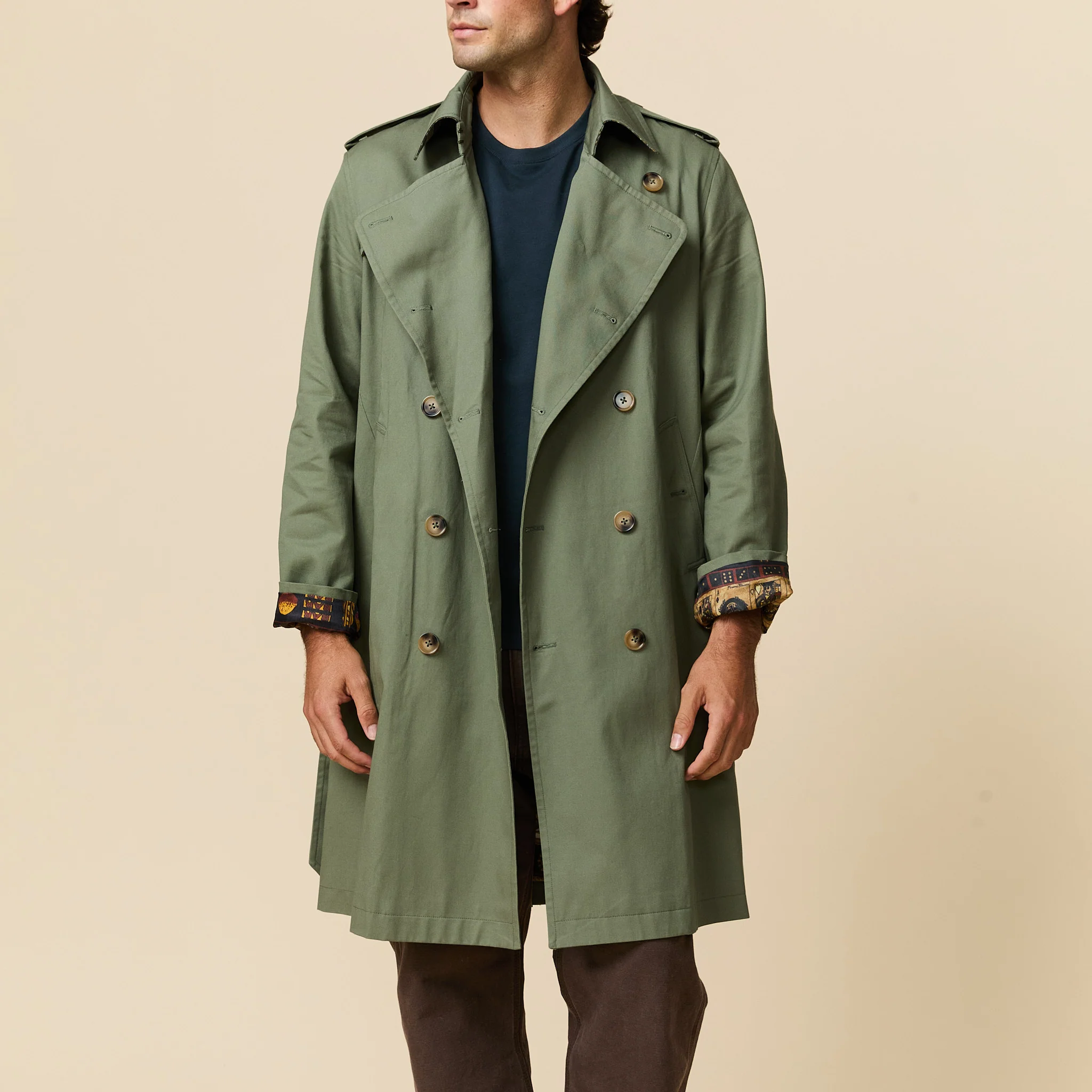 Men's Twill and Plaid Contrast Trench Coat Dark Olive - Image 4