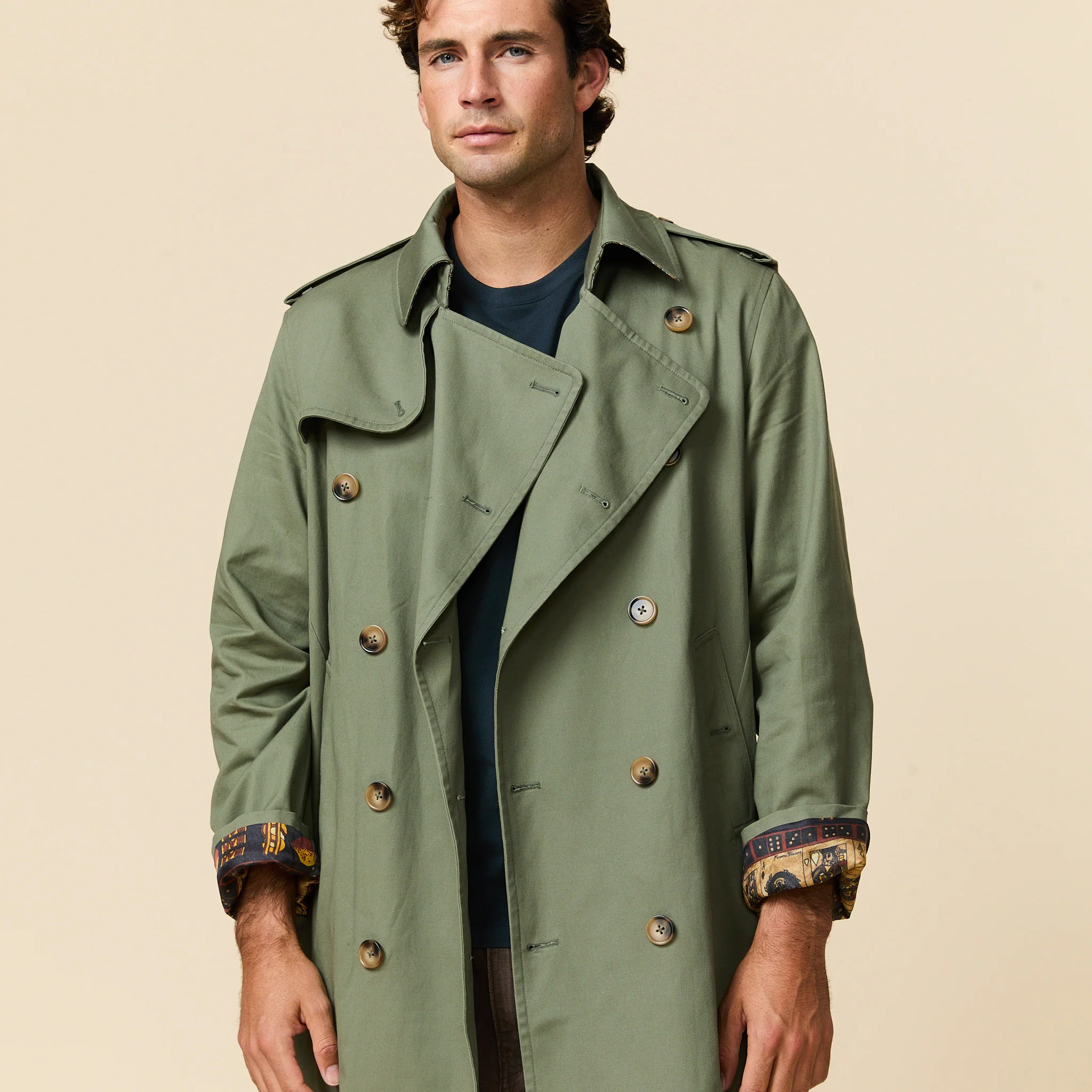 Men's Twill and Plaid Contrast Trench Coat Dark Olive - Image 5