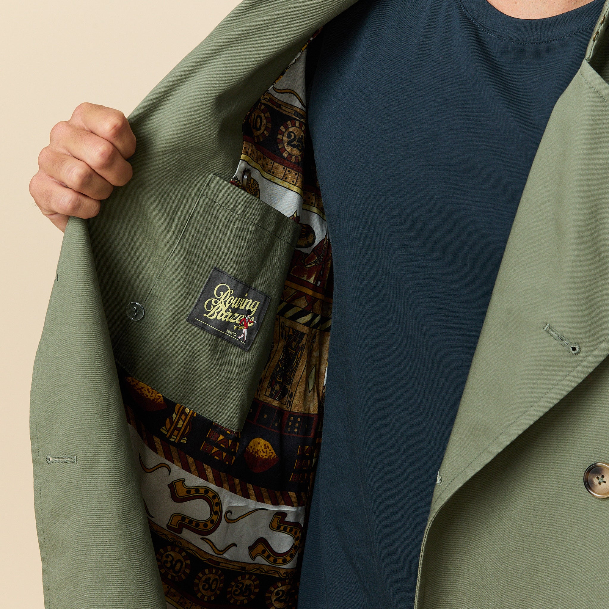 Men's Twill and Plaid Contrast Trench Coat Dark Olive - Image 6