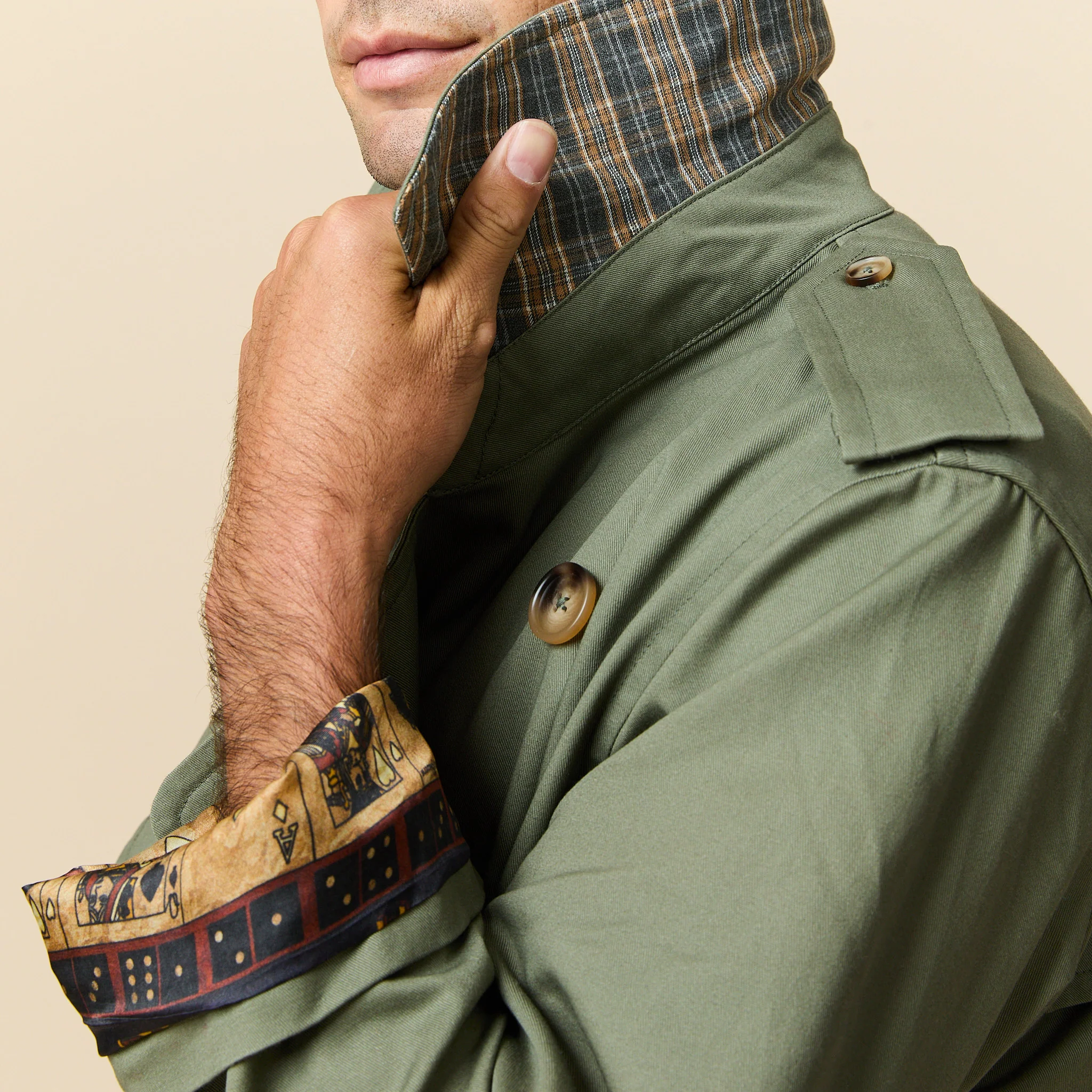 Men's Twill and Plaid Contrast Trench Coat Dark Olive - Image 7