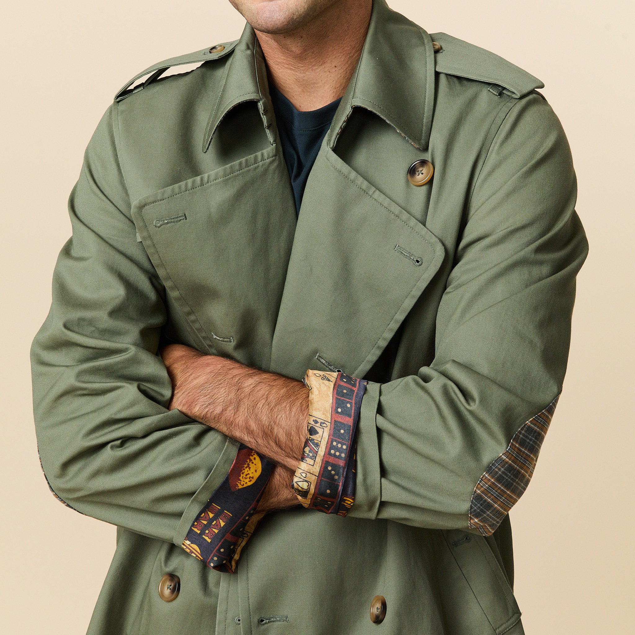 Men's Twill and Plaid Contrast Trench Coat Dark Olive - Image 8