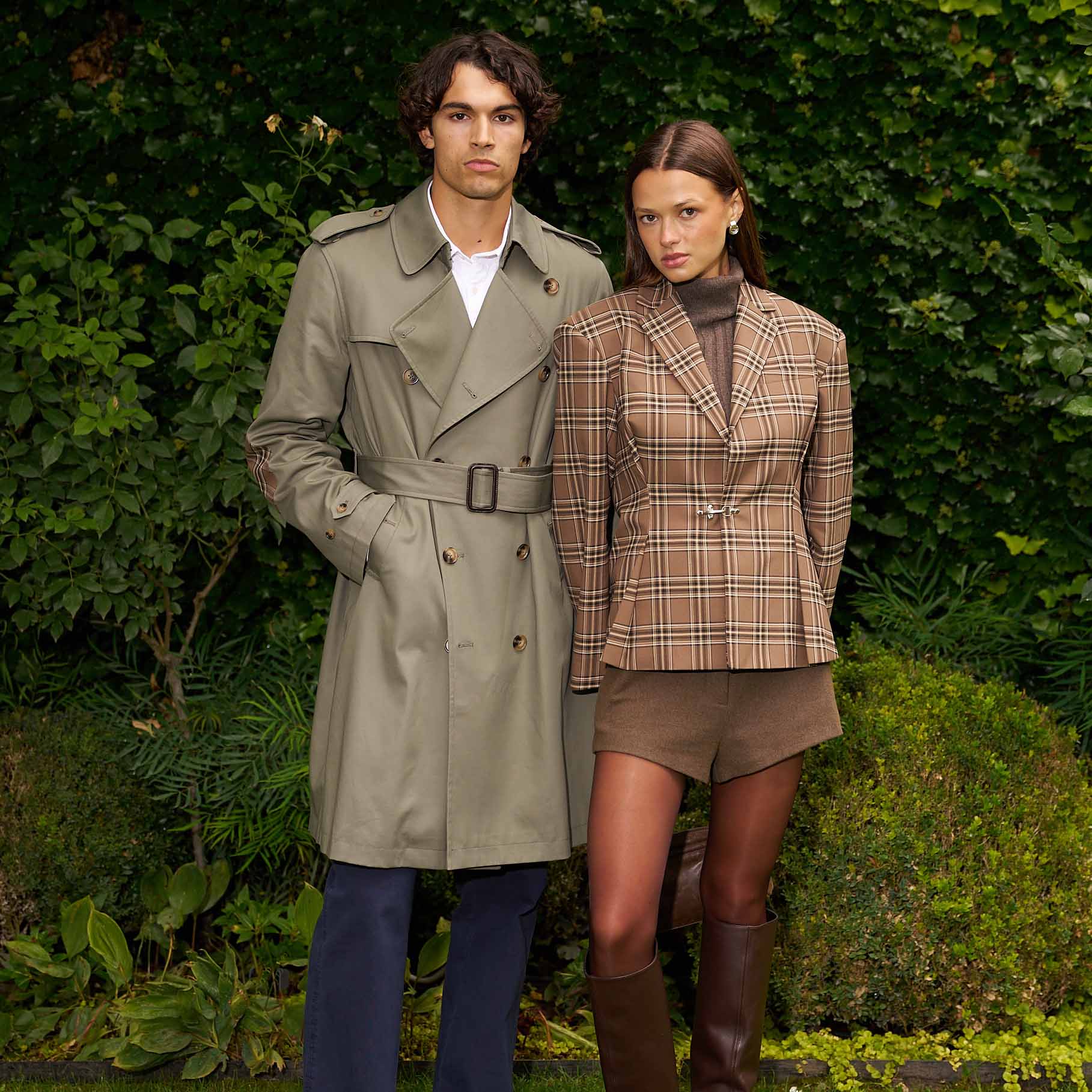 Men's Twill and Plaid Contrast Trench Coat Dark Olive - Image 9