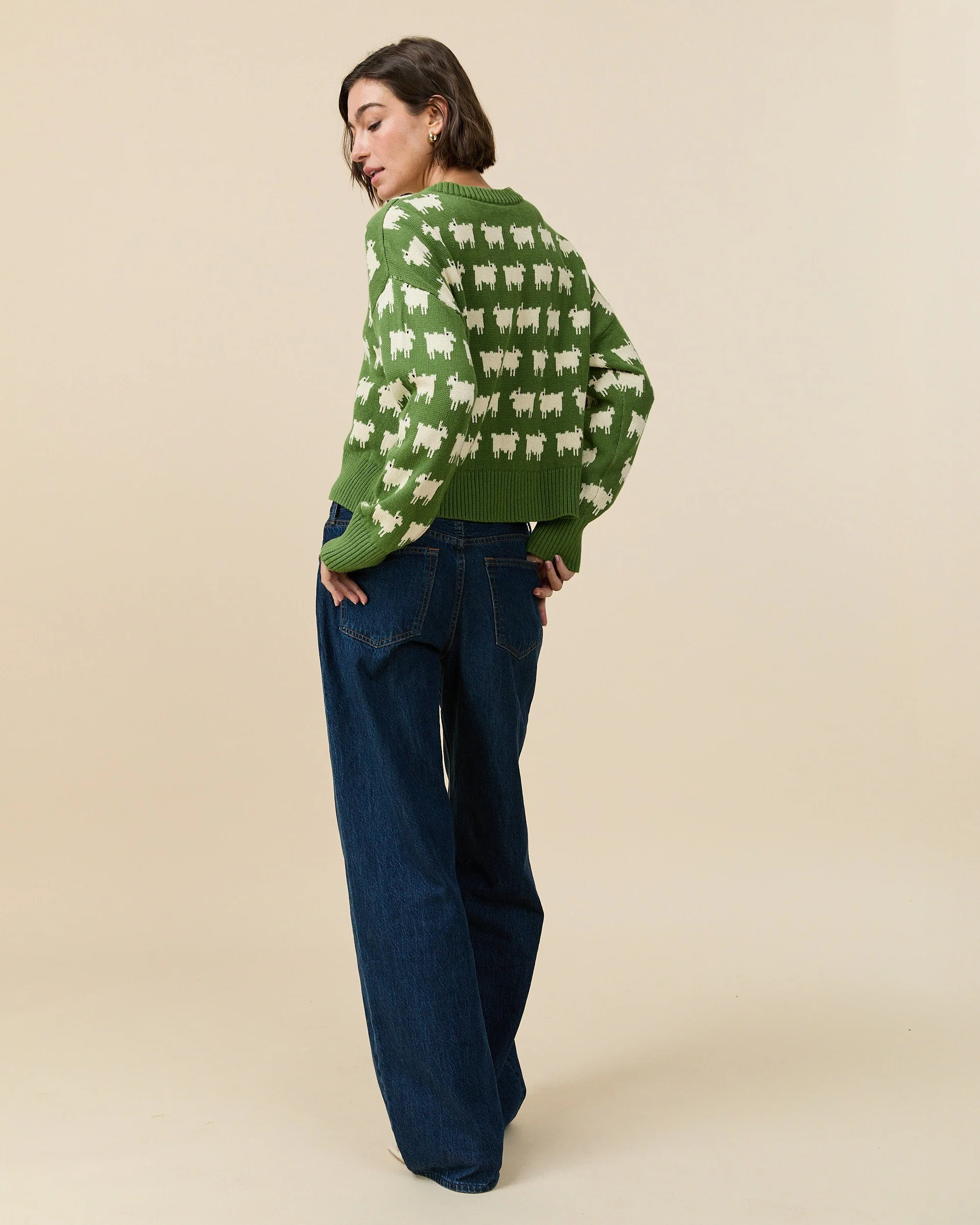 Warm & Wonderful Women's "Diana Edition" Cotton Linen V-Neck Sheep Sweater Green - Image 3
