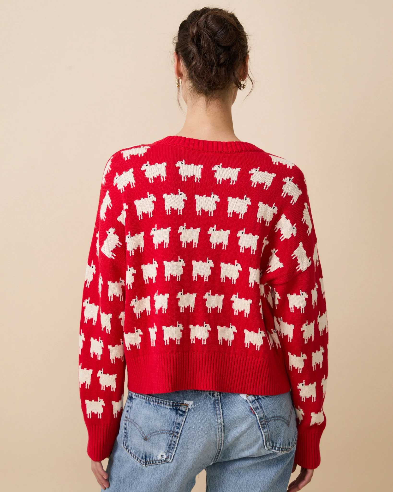 Warm & Wonderful Women's "Diana Edition" Cotton Linen V-Neck Sheep Sweater Red - Image 3