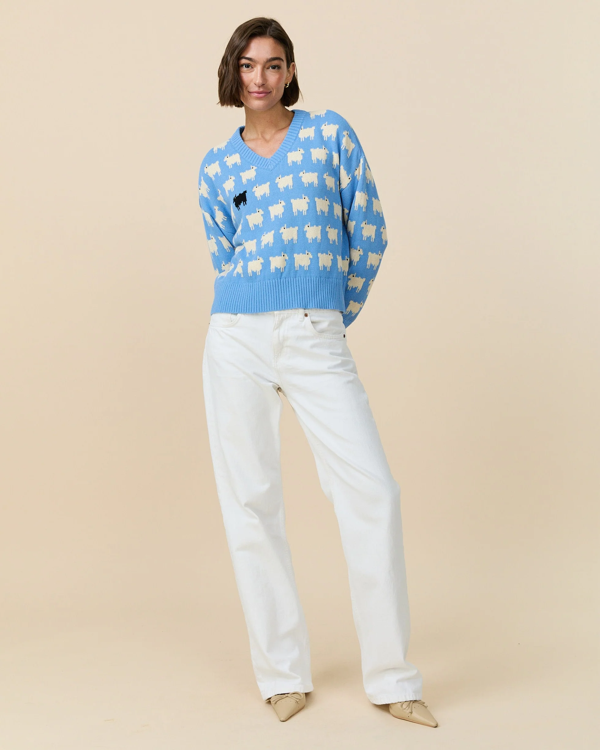 Warm & Wonderful Women's "Diana Edition" Cotton Linen V-Neck Sheep Sweater Blue - Image 5