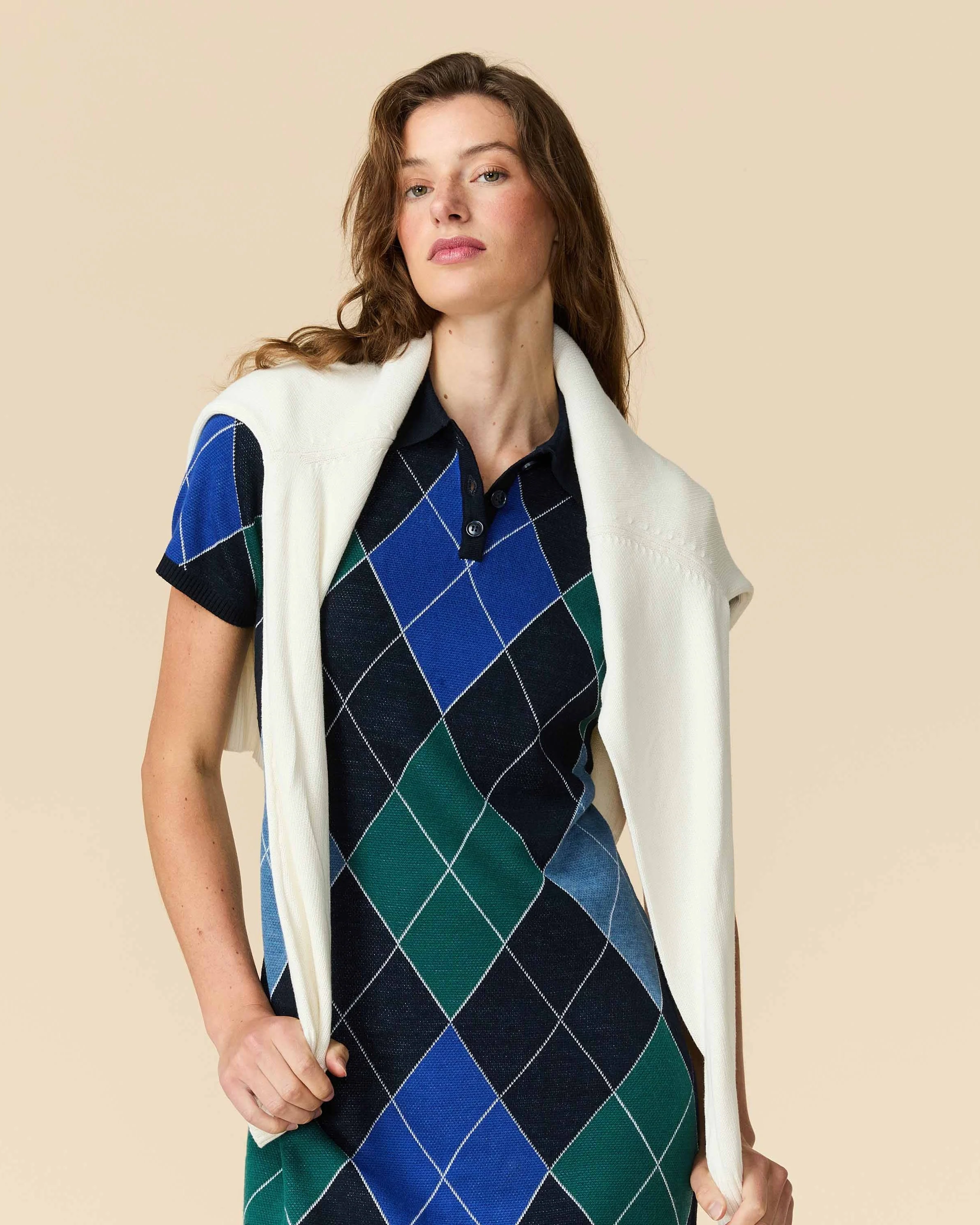Women's Argyle Sweater Dress Blue Argyle - Image 3