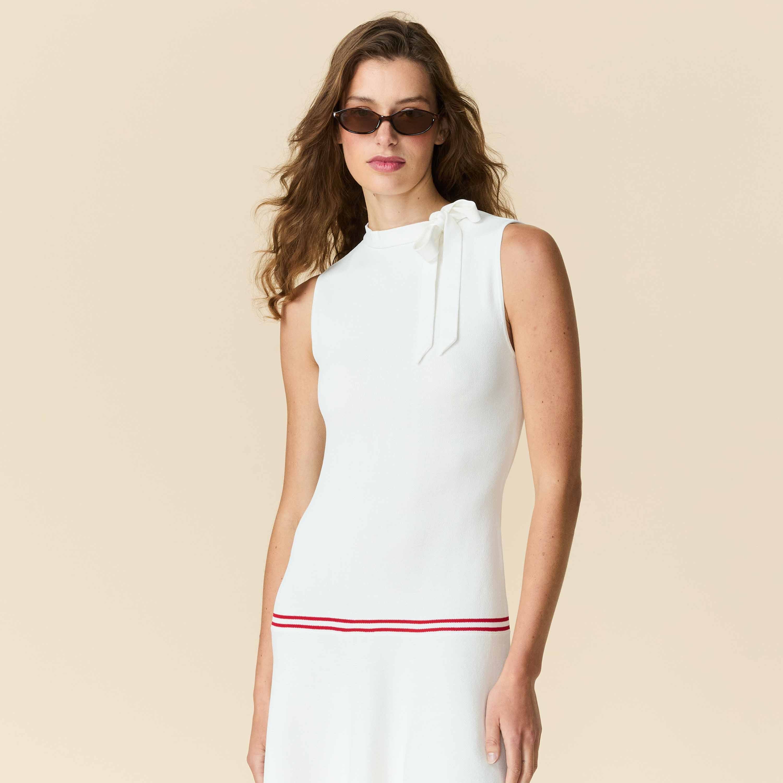 Women's Bow Neck Drop Waist Dress White - Image 9