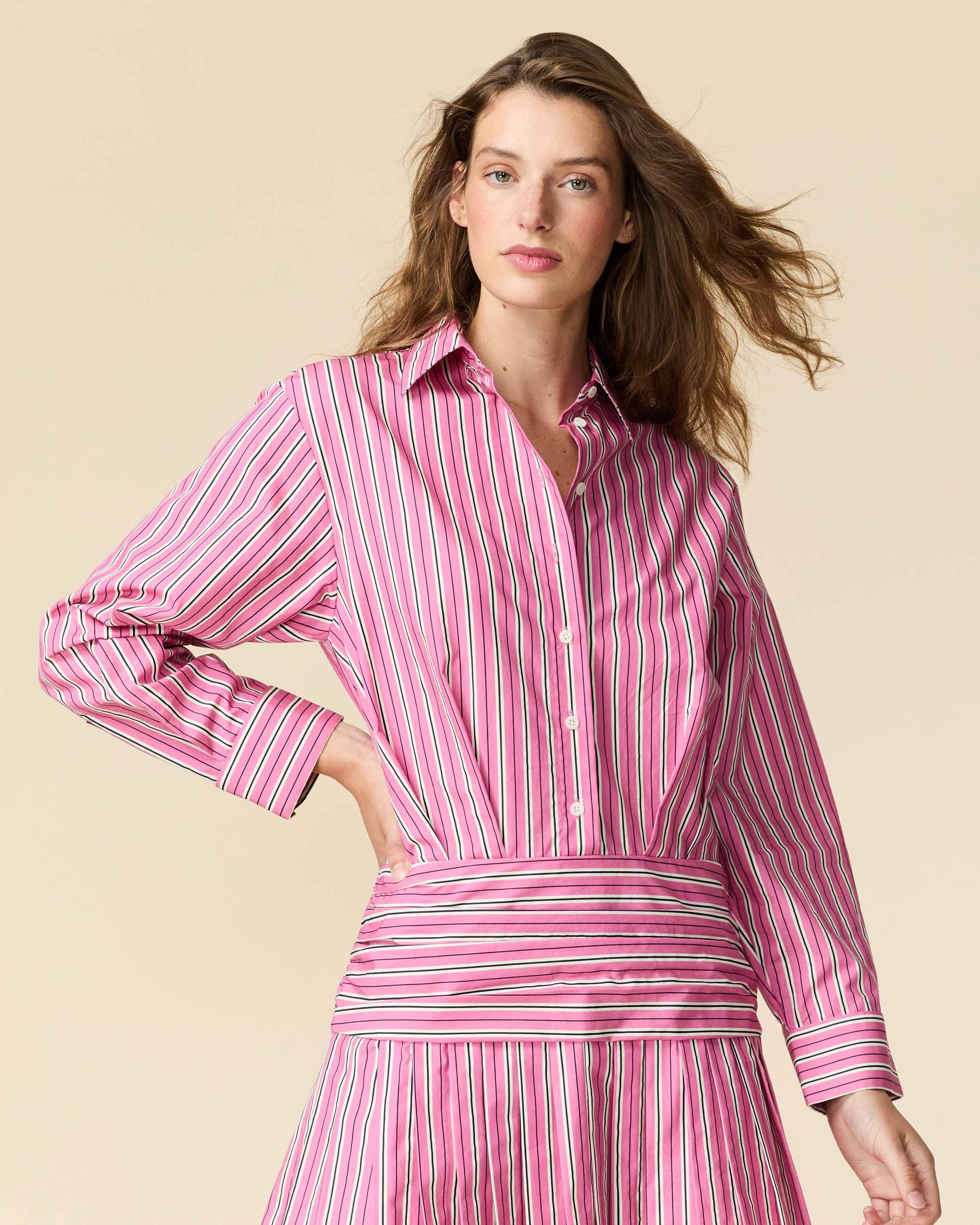 Women's Button Down Pleated Shirt Dress Euro Pink Stripe - Image 3
