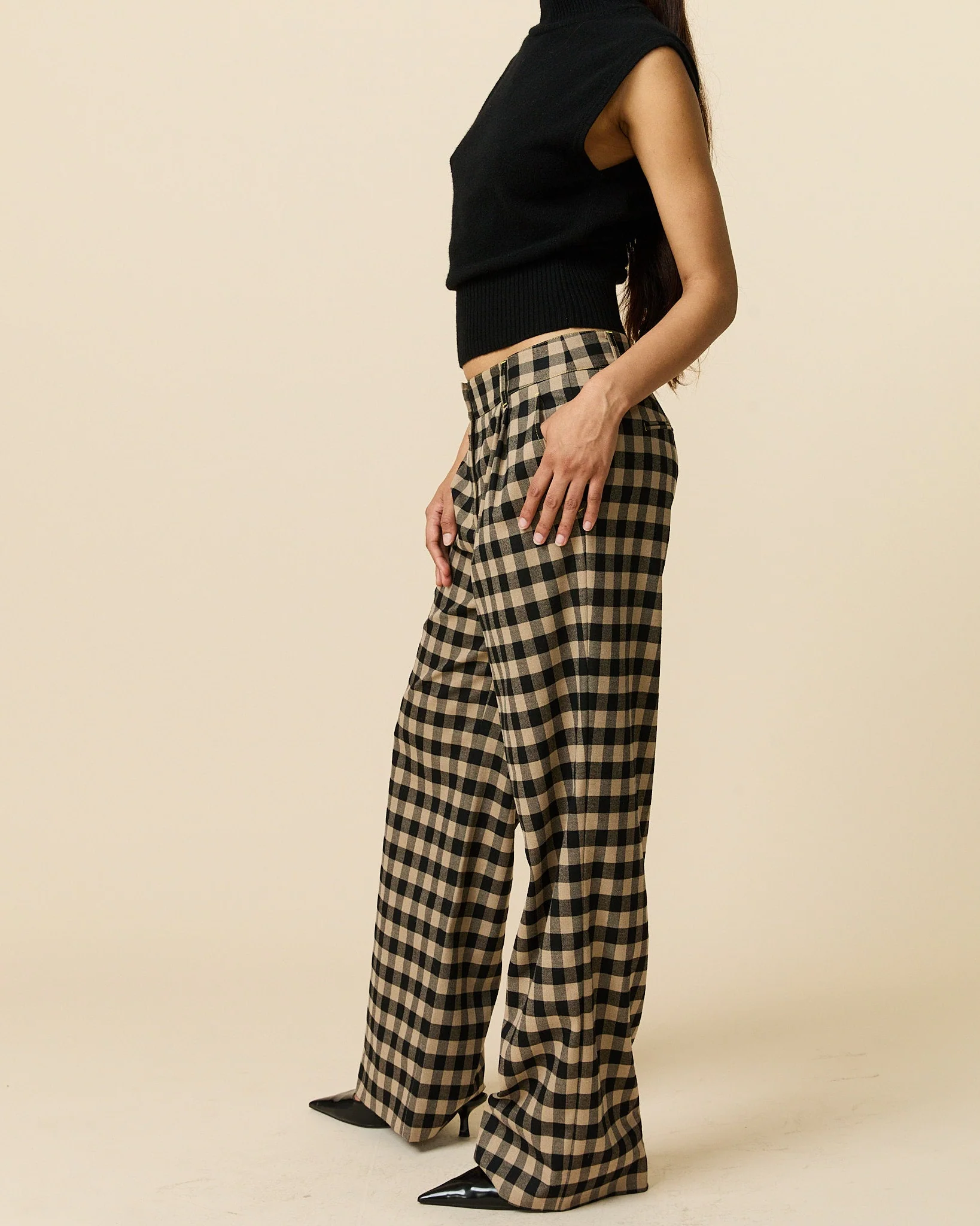 Women's Check Trousers Brown Black Check - Image 3