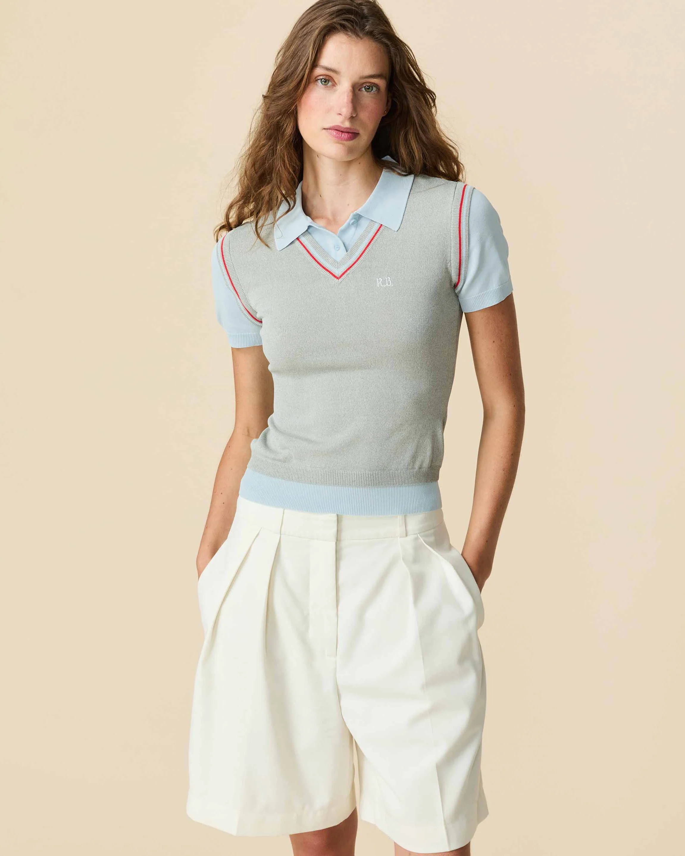 Women's Contrast Knit Layered Polo Blue - Image 3