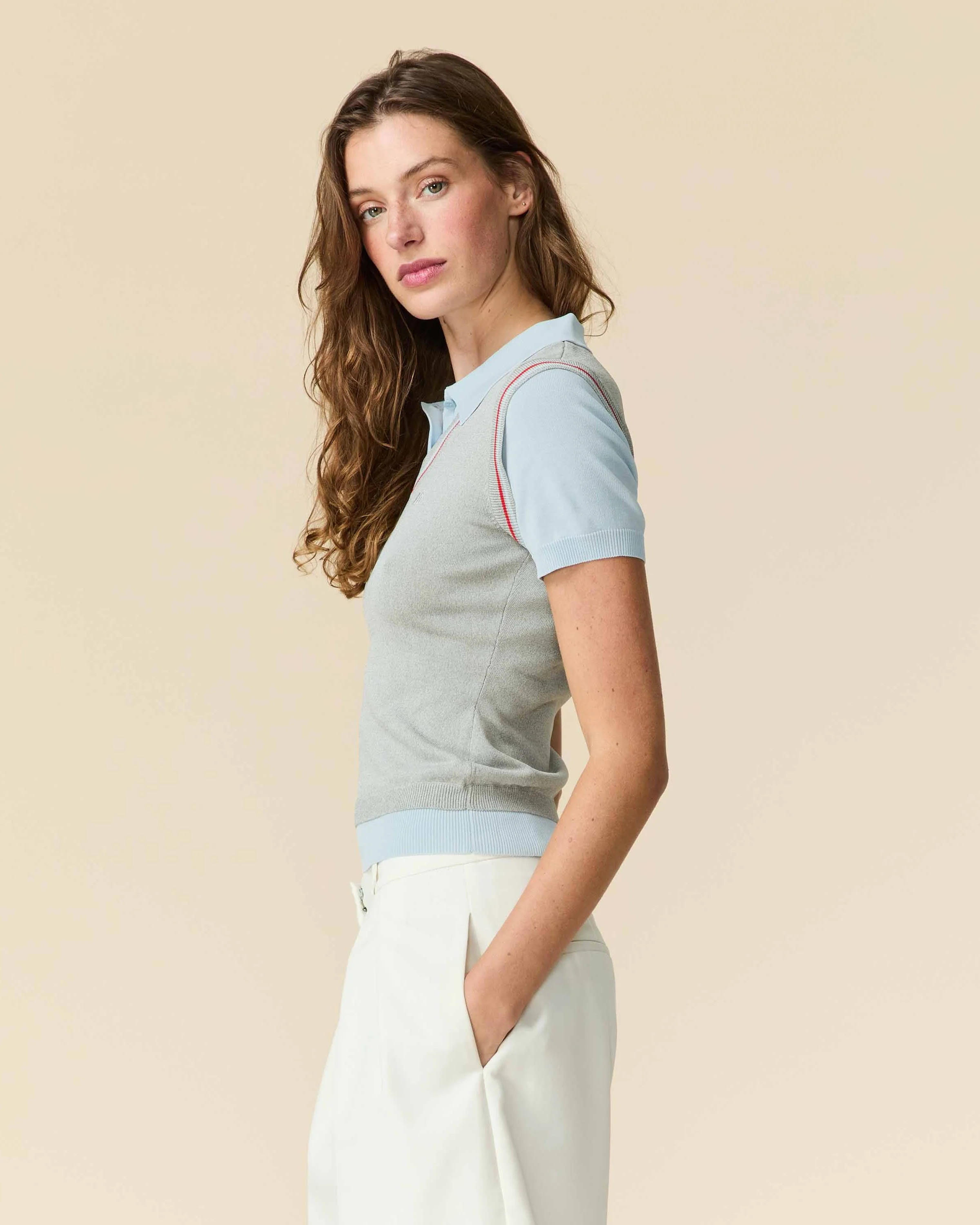 Women's Contrast Knit Layered Polo Blue - Image 6