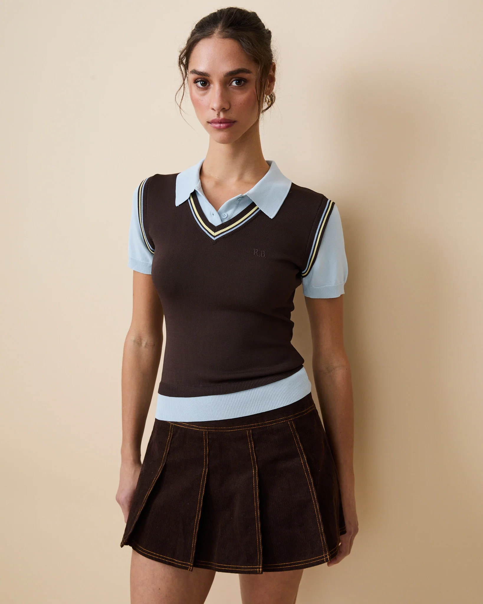Women's Contrast Knit Layered Polo Brown - Image 5