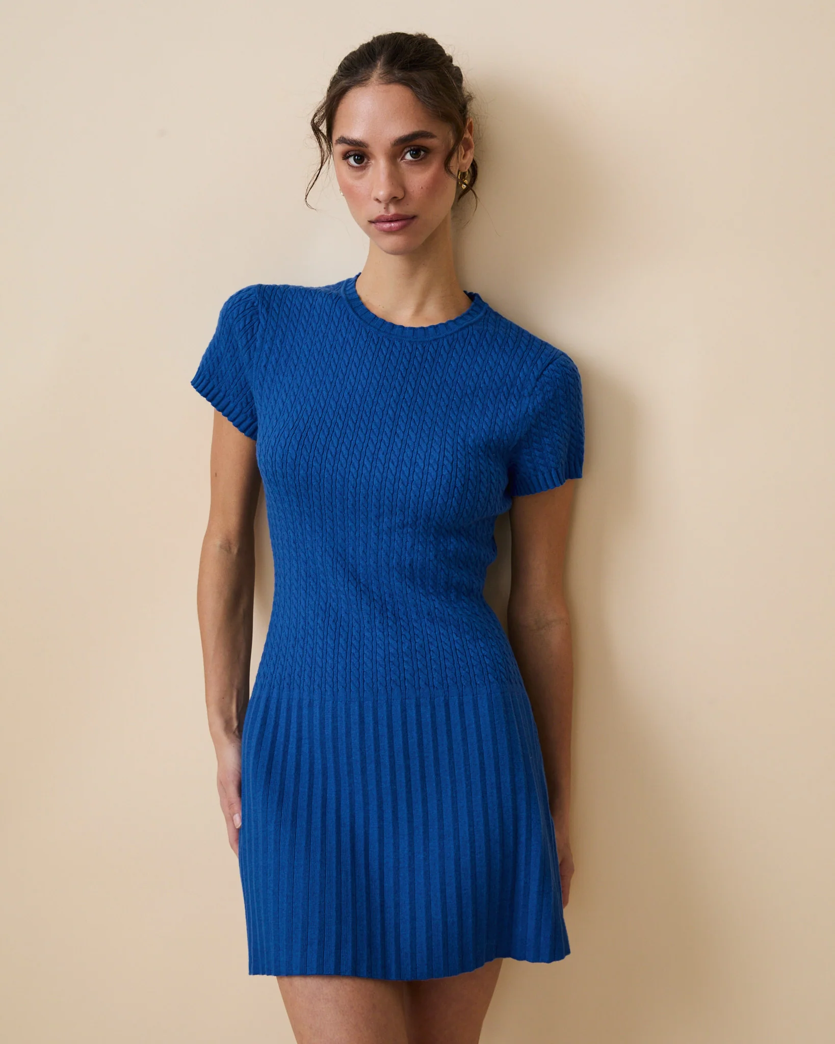 Women's Cotton Cable Knit Pleated Dress Blue