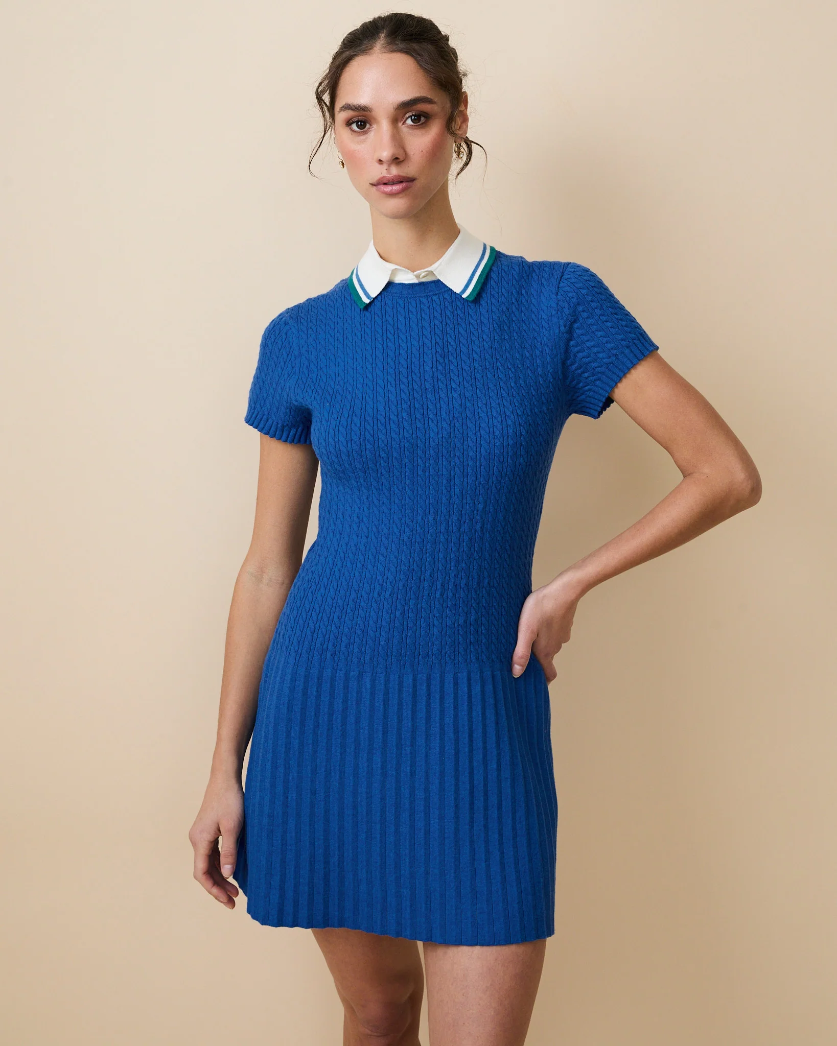 Women's Cotton Cable Knit Pleated Dress Blue - Image 4