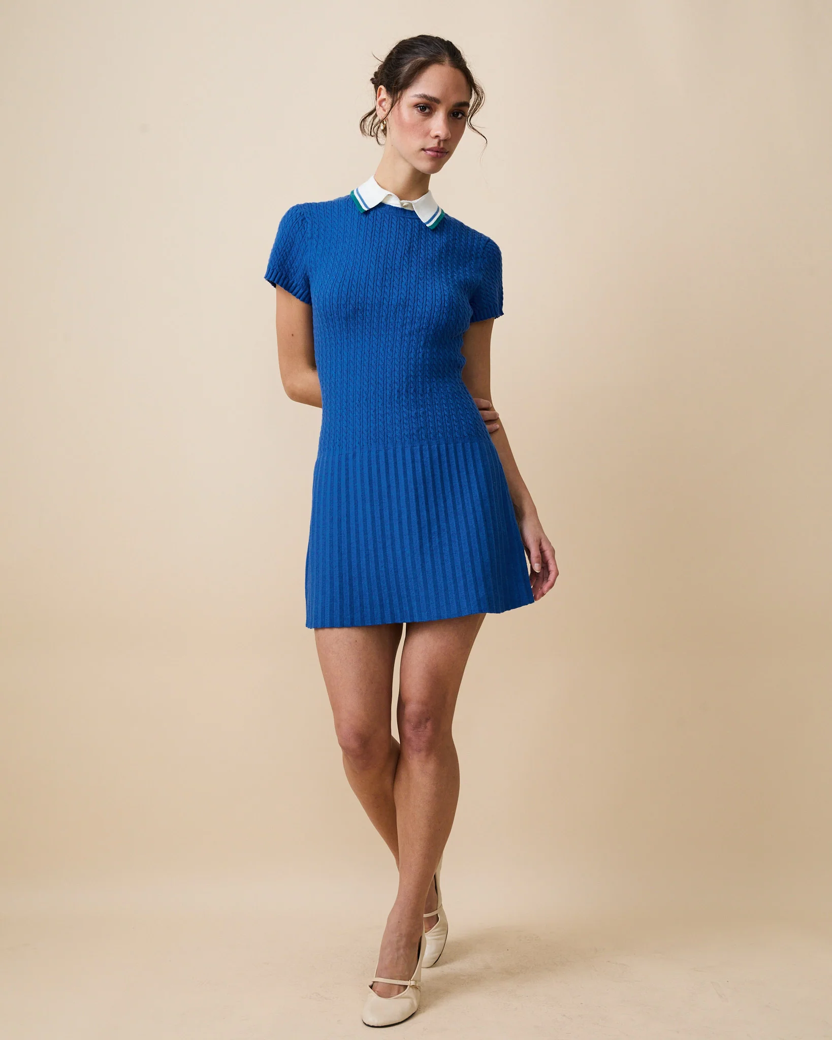 Women's Cotton Cable Knit Pleated Dress Blue - Image 7