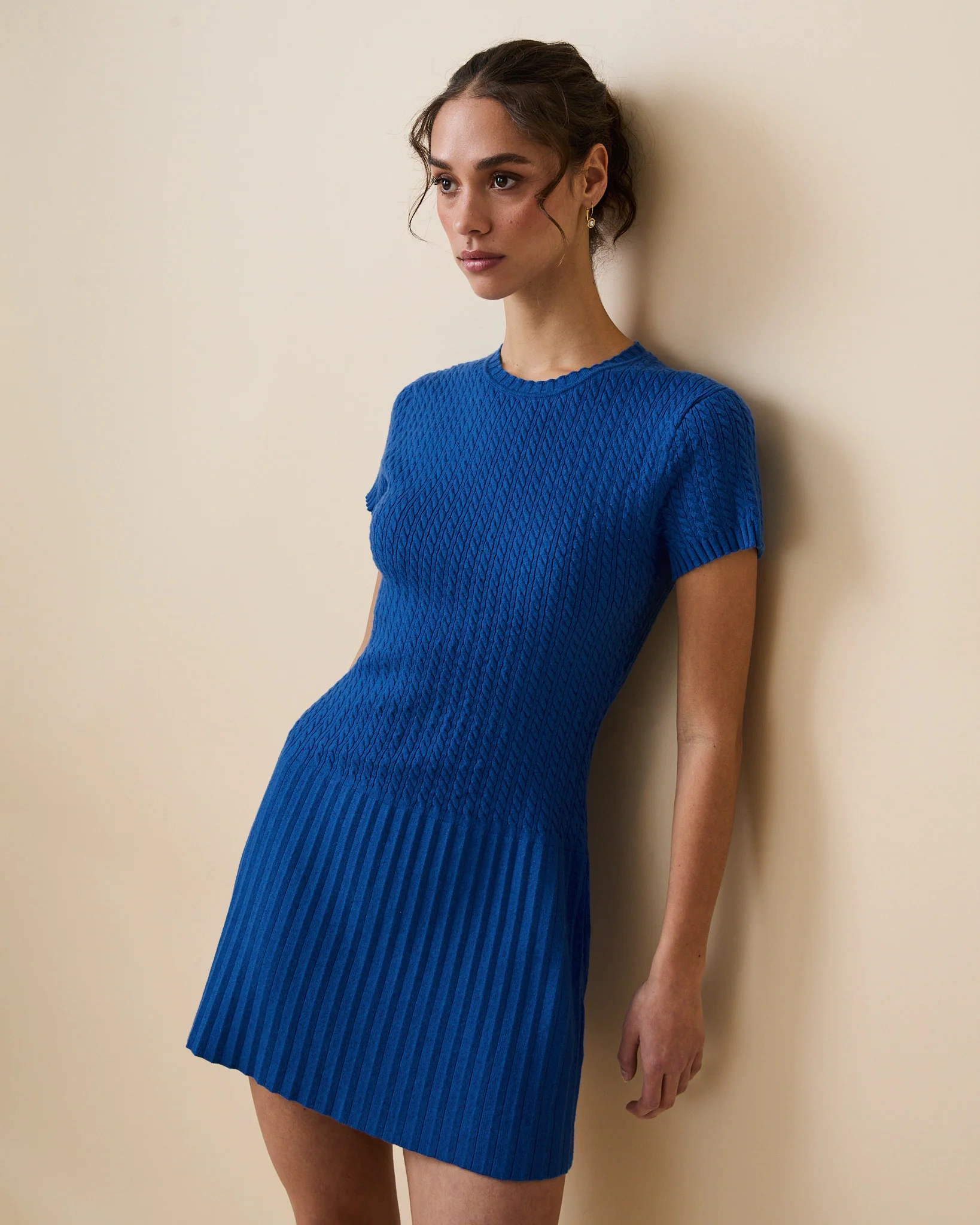 Women's Cotton Cable Knit Pleated Dress Blue - Image 8