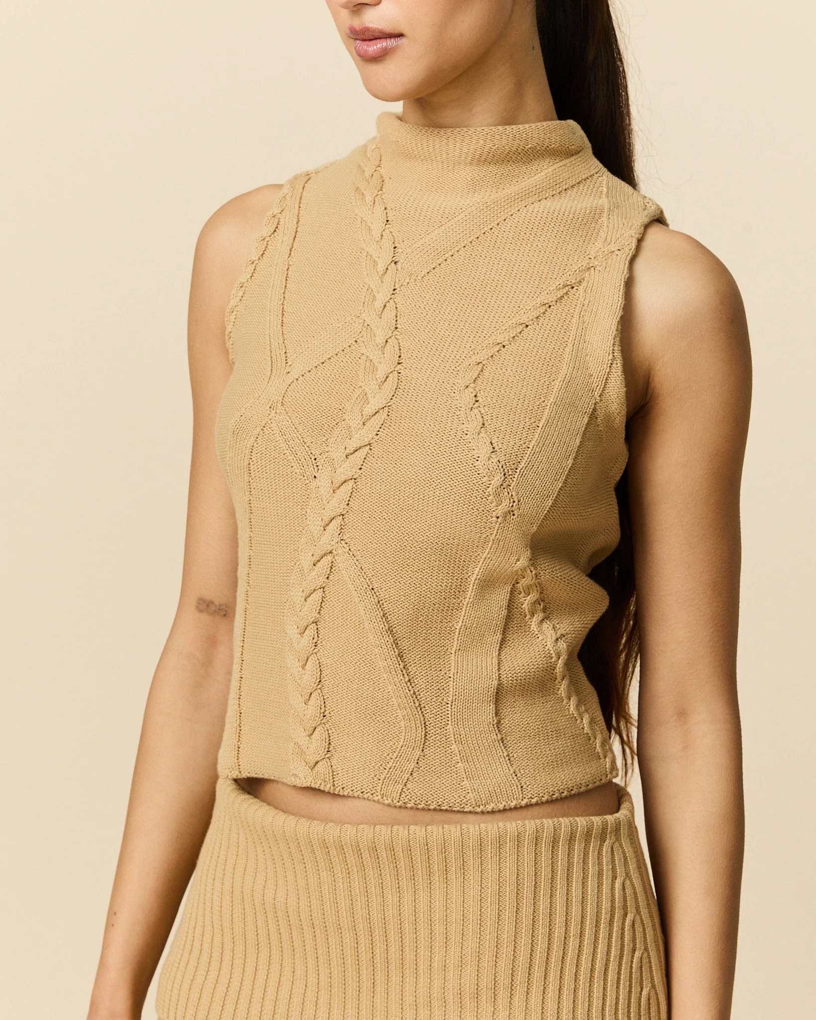 Women's Cotton Cable Tank Camel - Image 2