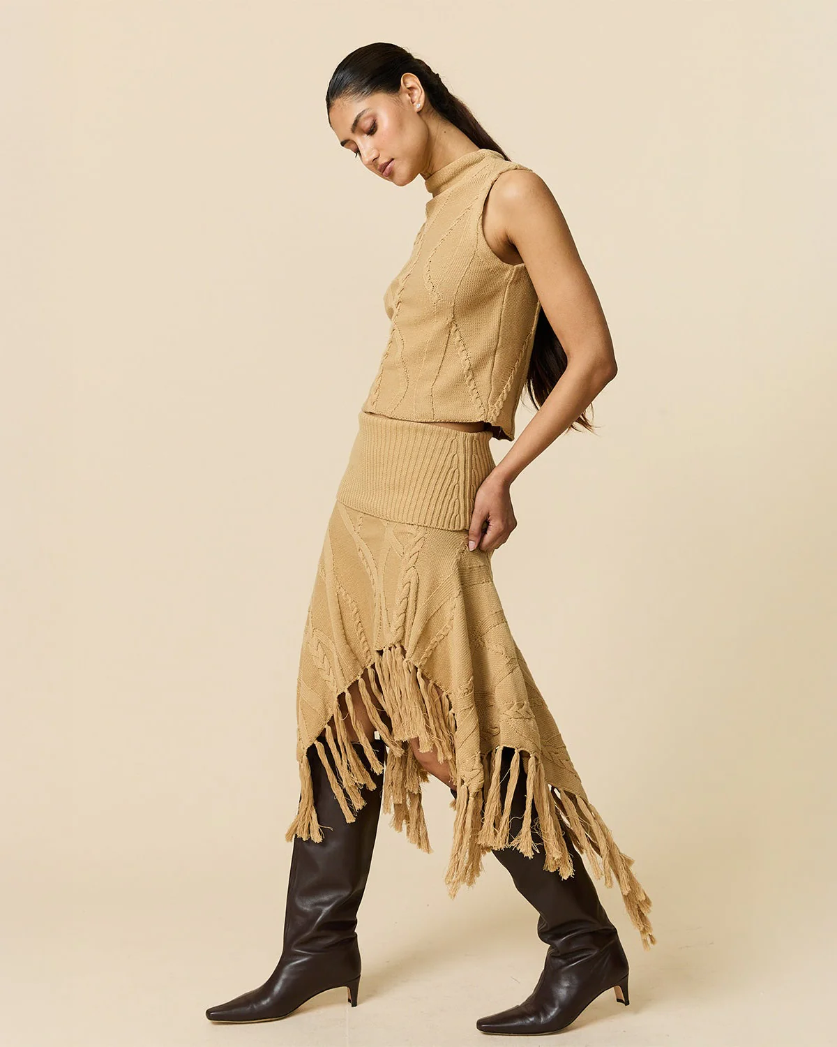 Women's Cotton Cable Tank Camel - Image 3