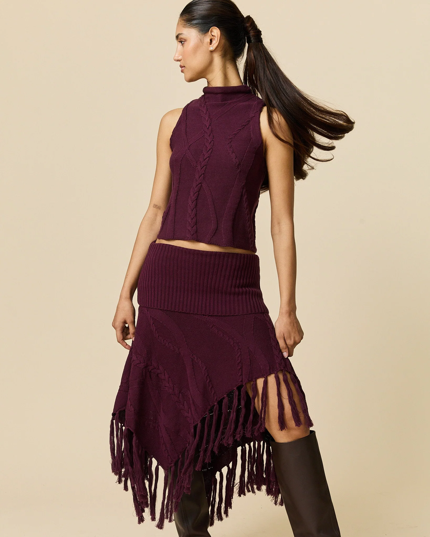 Women's Cotton Cable Tank Wine - Image 4