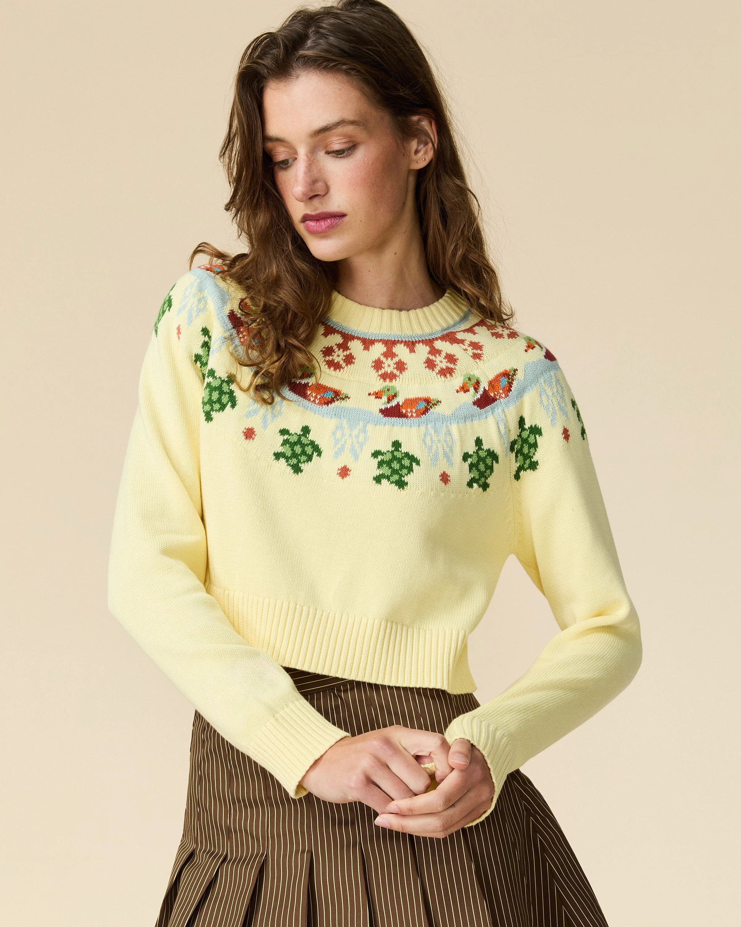 Women's Cotton Fairisle Cropped Sweater Yellow - Image 2