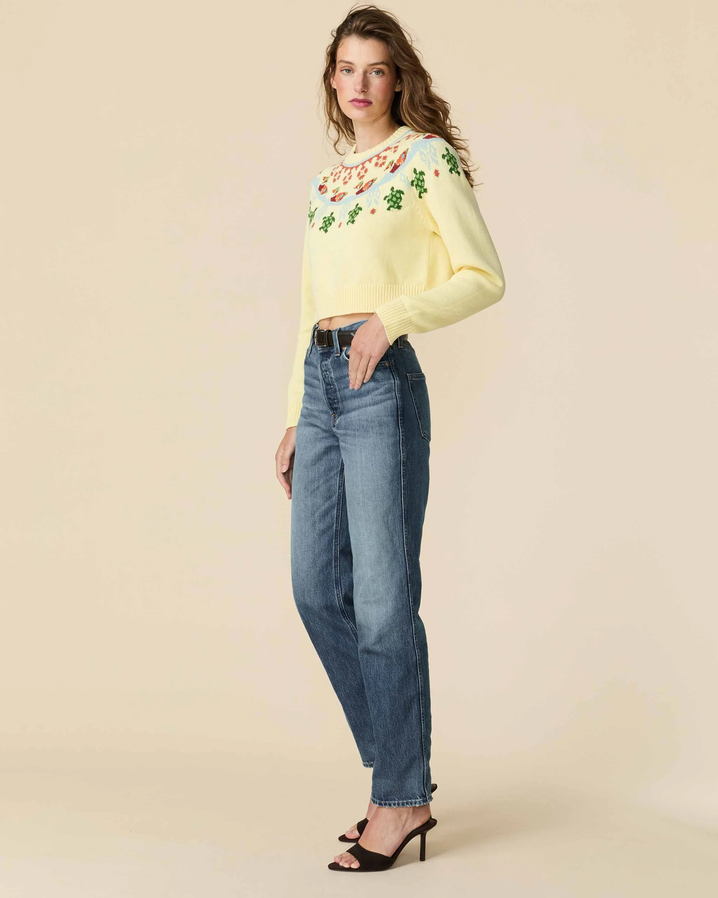 Women's Cotton Fairisle Cropped Sweater Yellow - Image 6