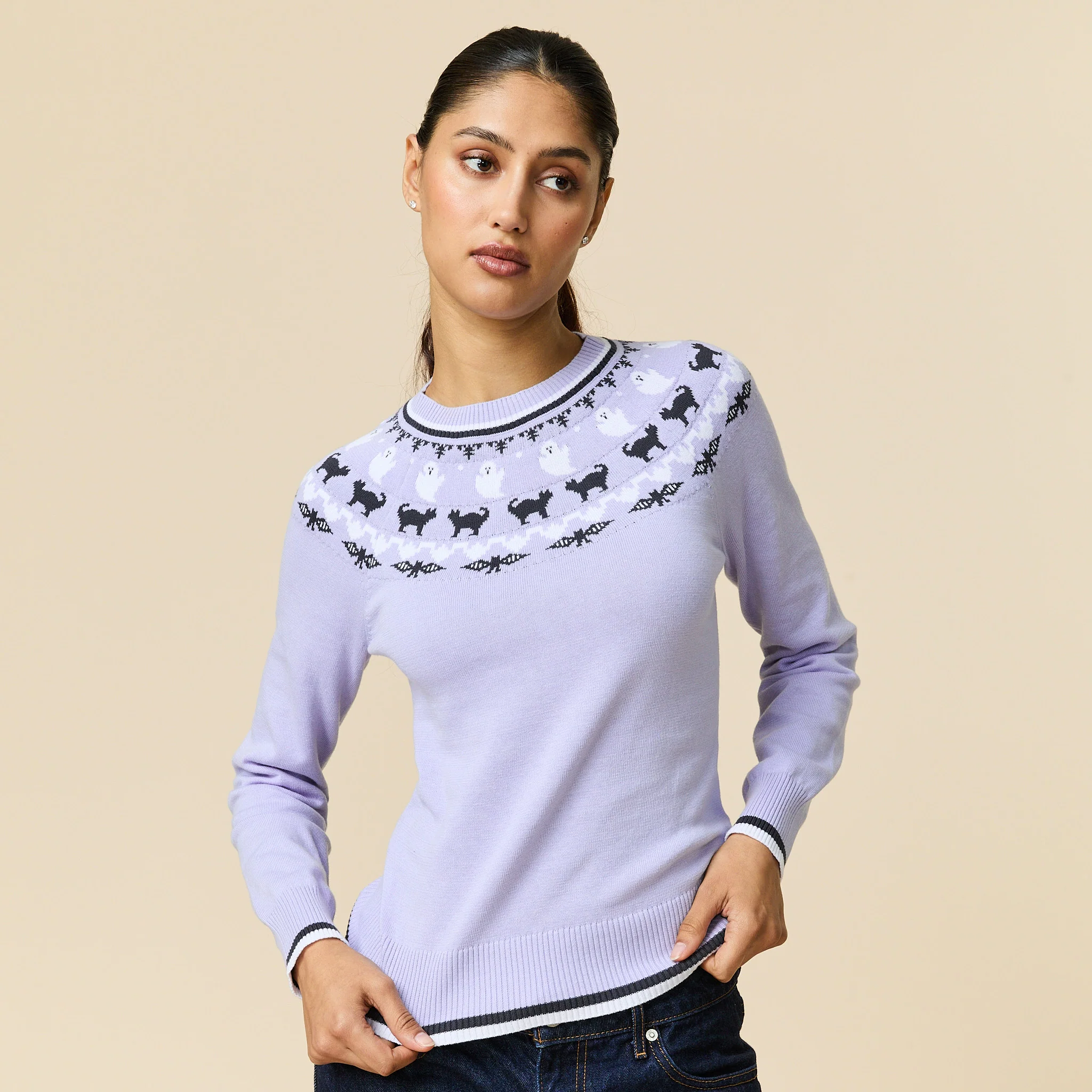 Women's Cotton Halloween Fairisle Sweater Purple - Image 5