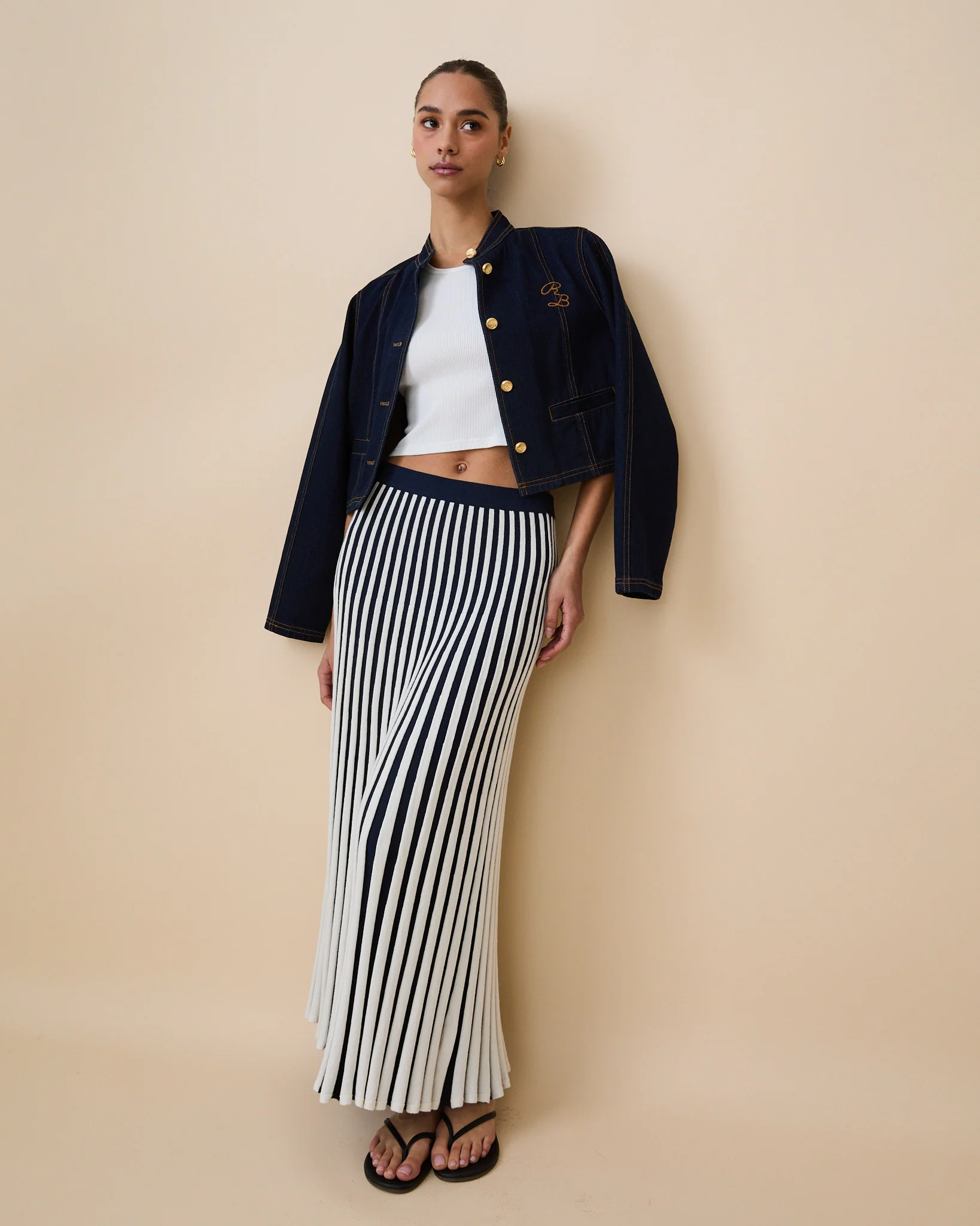 Women's Cotton Knit Pleated Skirt Blue White Stripe - Image 3