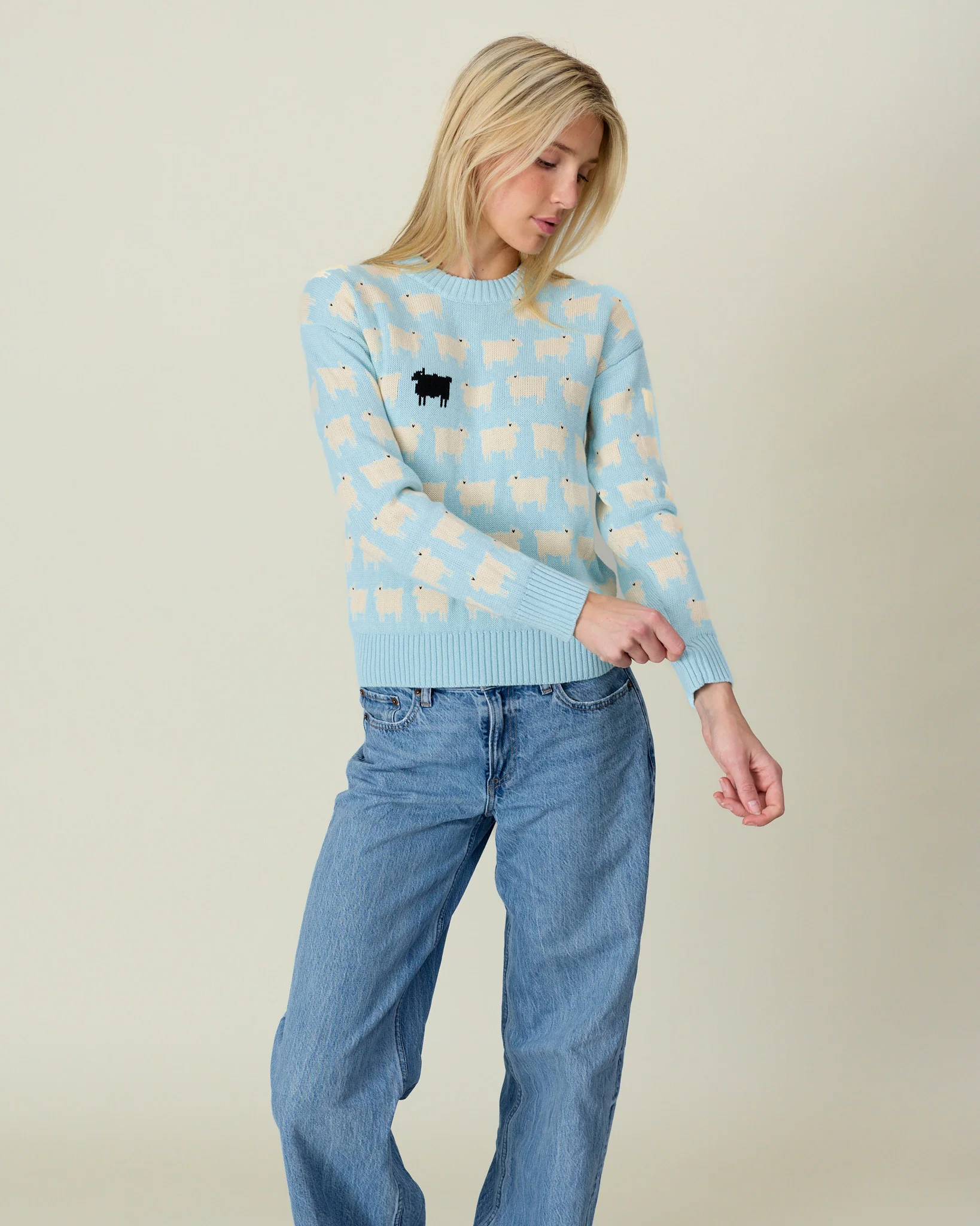 Warm & Wonderful Cotton Linen Crew Neck Sheep Sweater Blue - Image 3