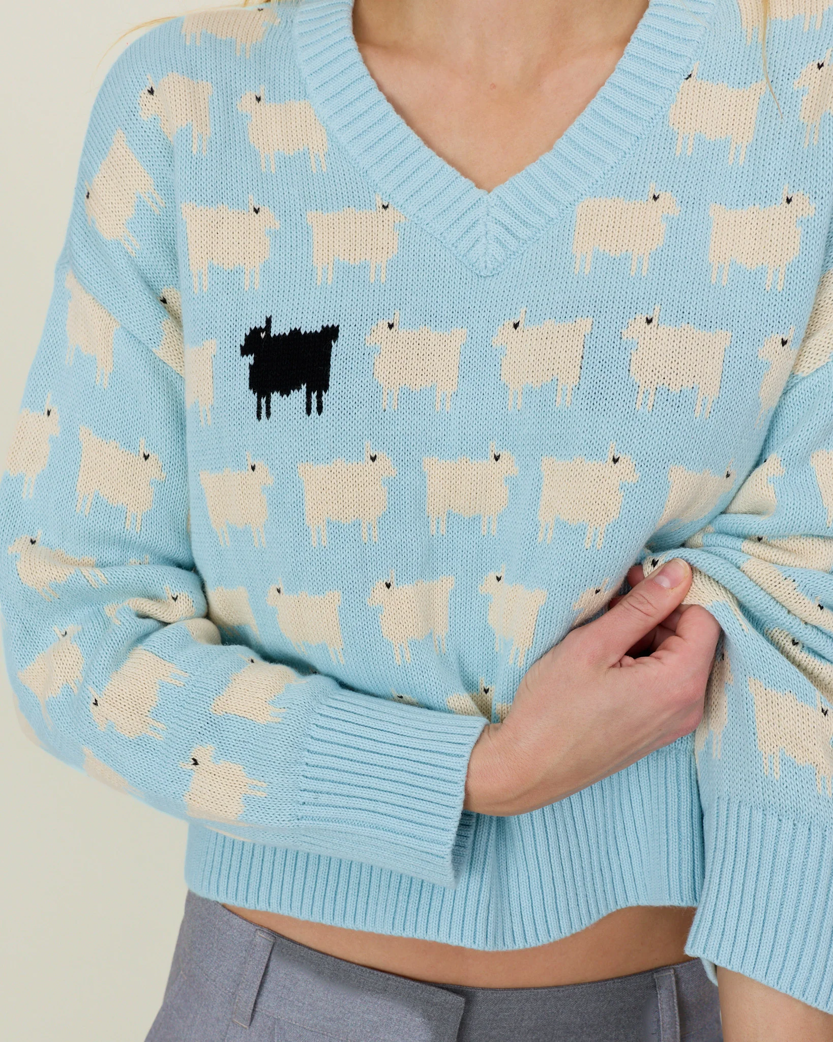 Warm & Wonderful Cotton Linen V-Neck Sheep Sweater Blue - Image 4