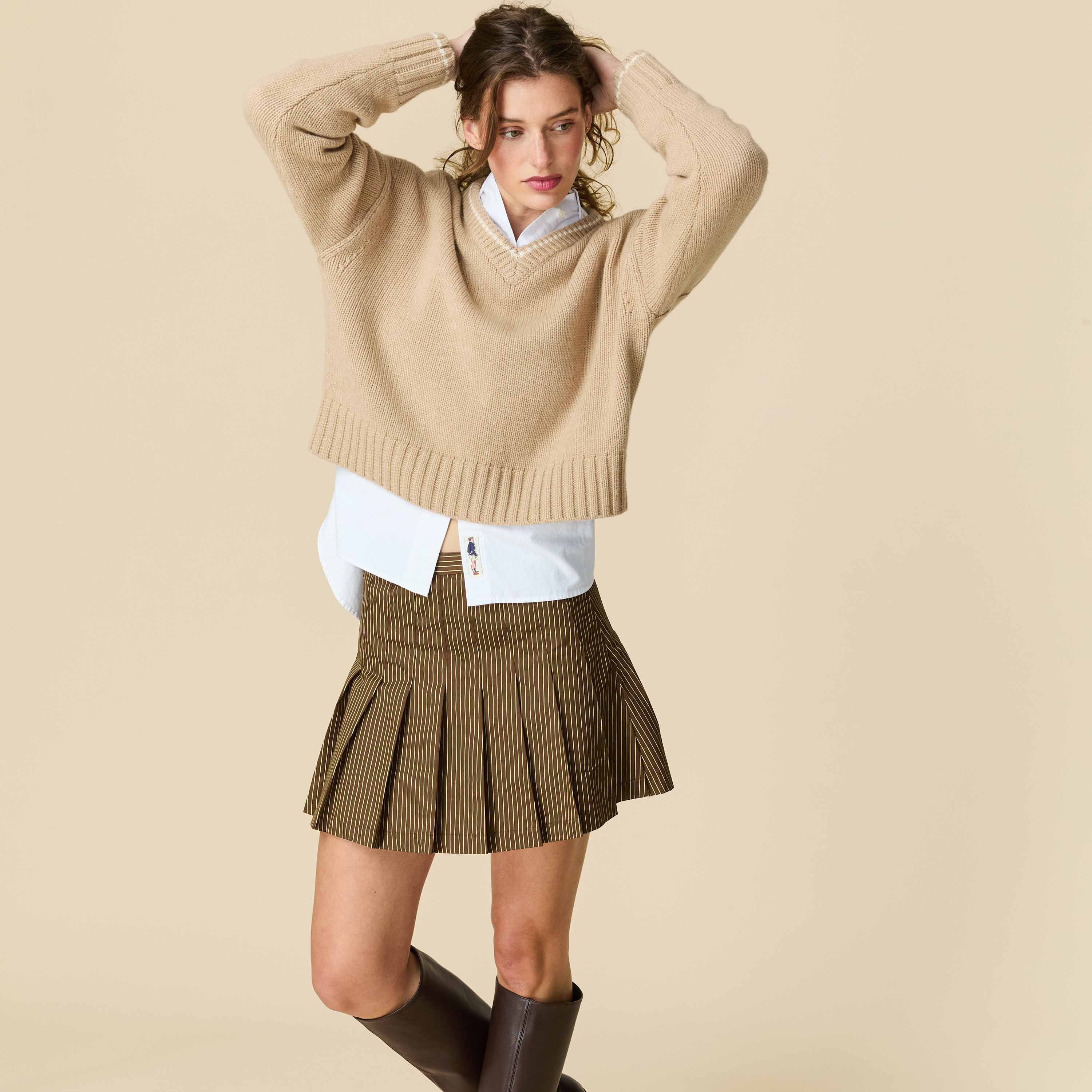 Women's Cotton Pleated Mini Skirt Brown and Butter Yellow Pinstripe - Image 7