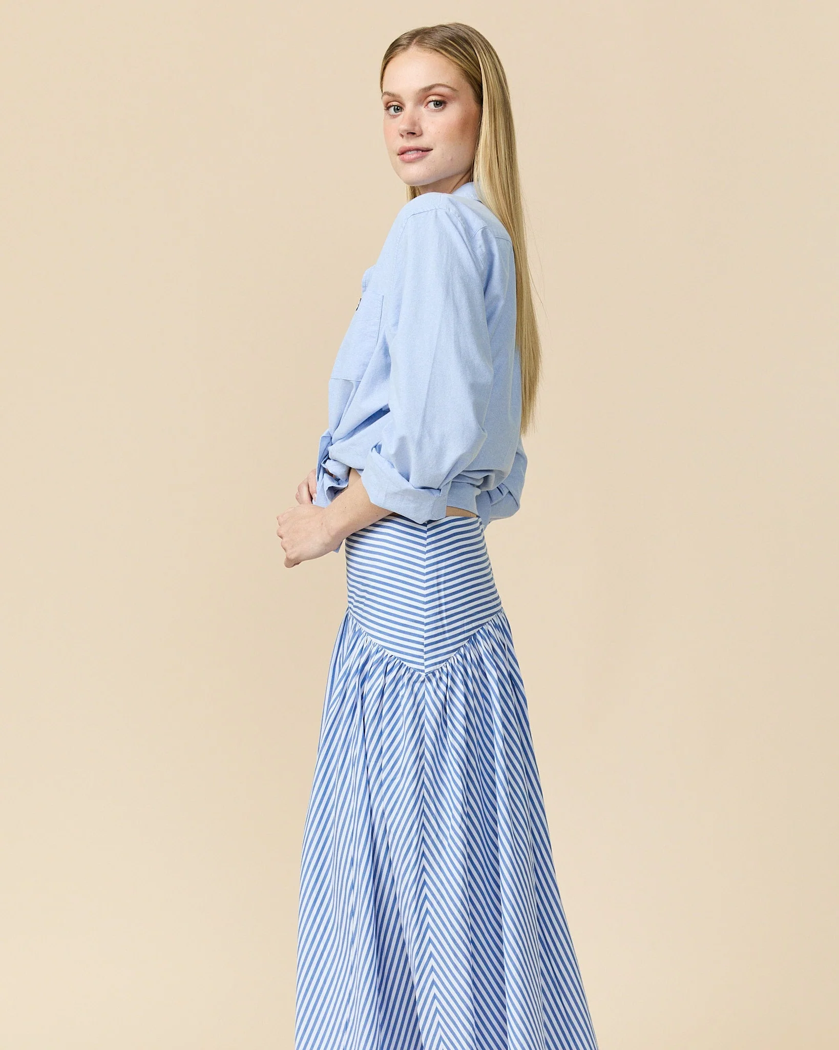 Women's Cotton Poplin Pinstripe Skirt Bright Blue Stripe - Image 6