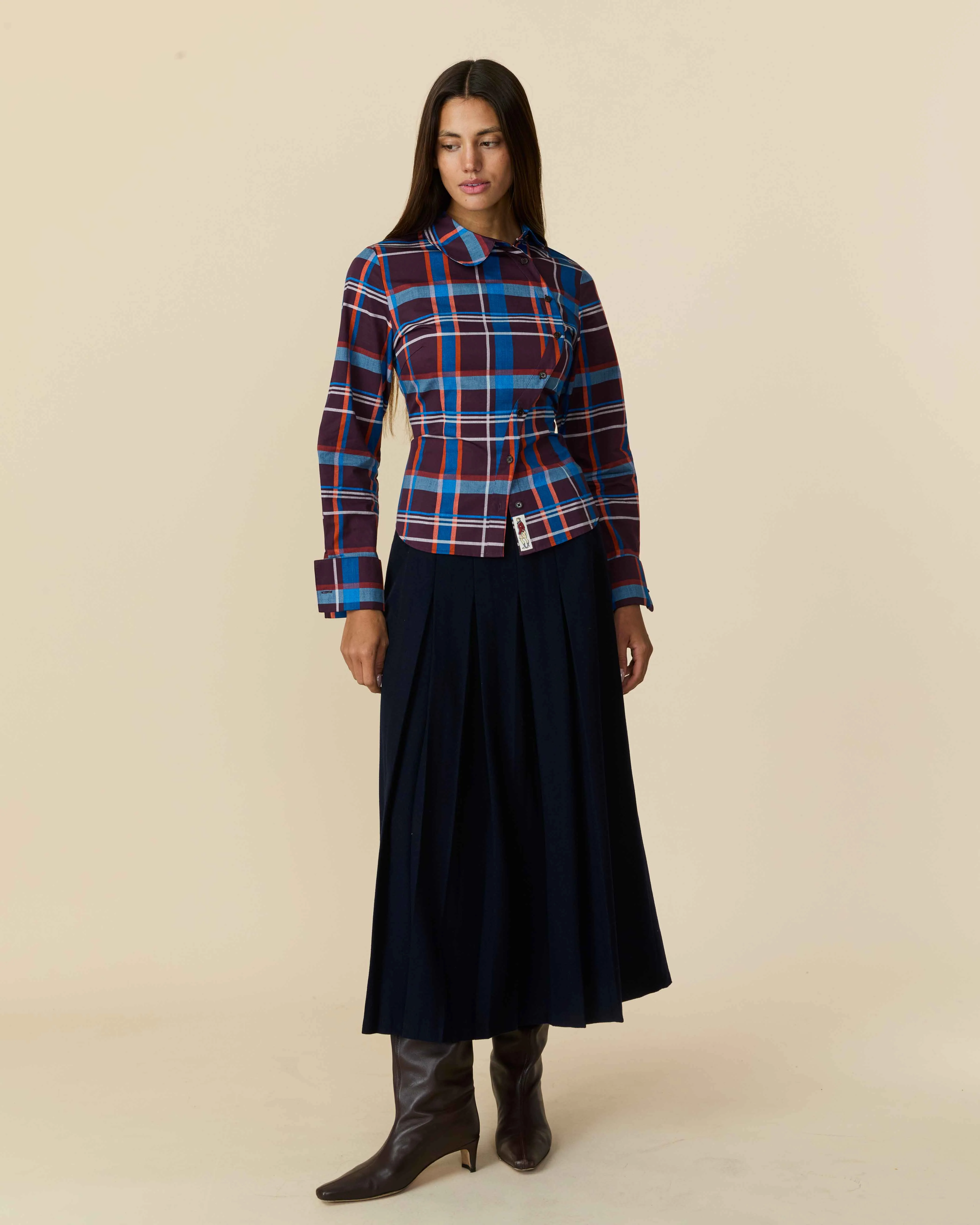 Women's Cotton Poplin Plaid Asymmetrical Button Down Blue Brown Plaid - Image 5