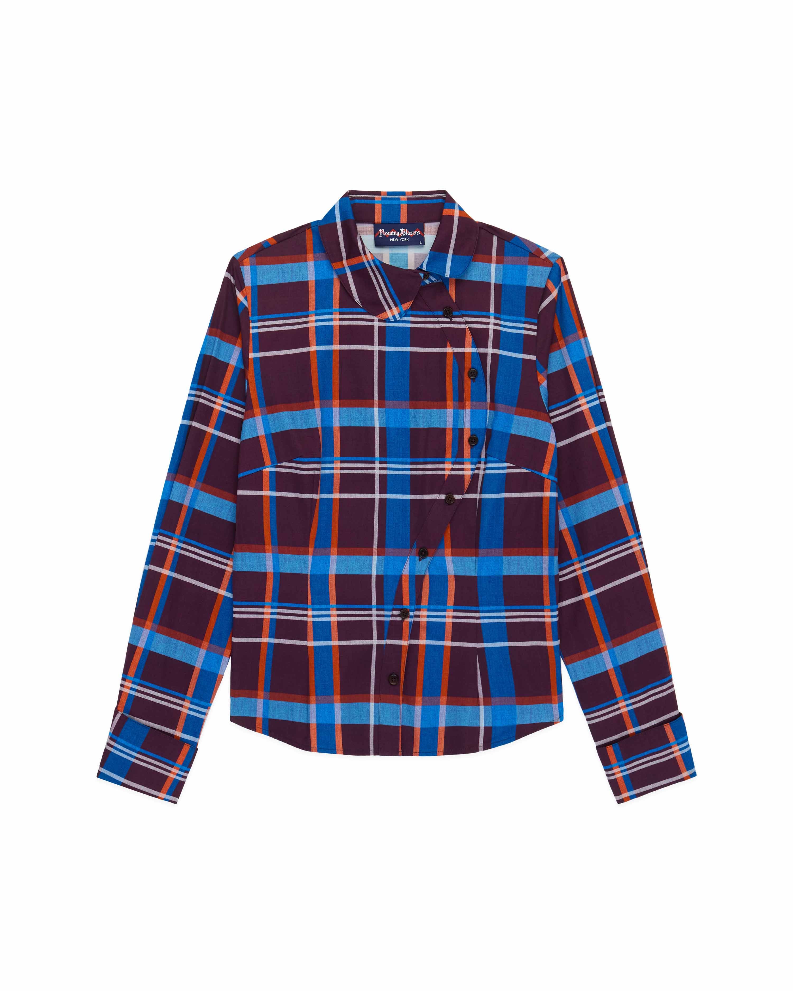 Women's Cotton Poplin Plaid Asymmetrical Button Down Blue Brown Plaid - Image 7