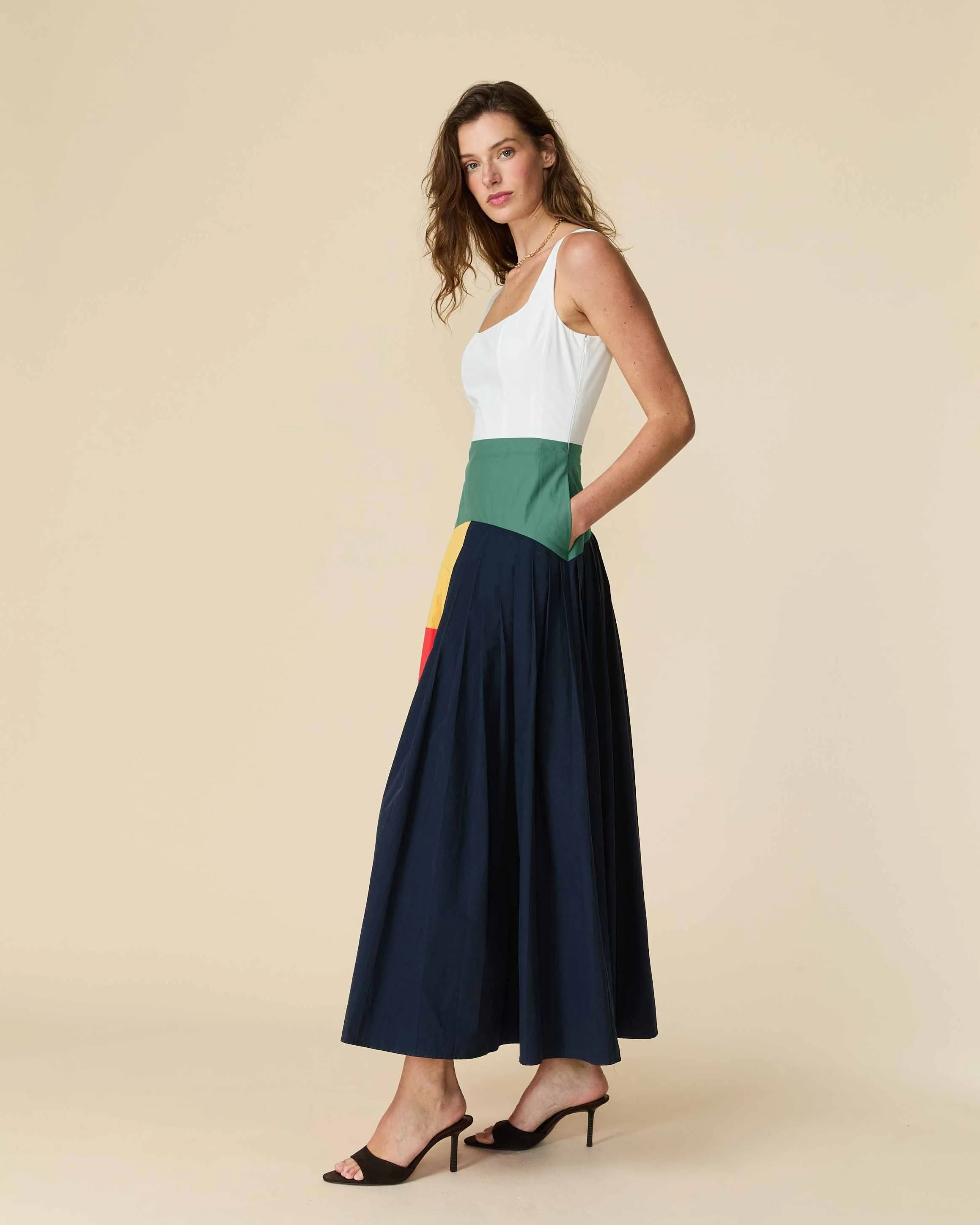 Women's Cotton Poplin Pleated Dress Colorblock - Image 5