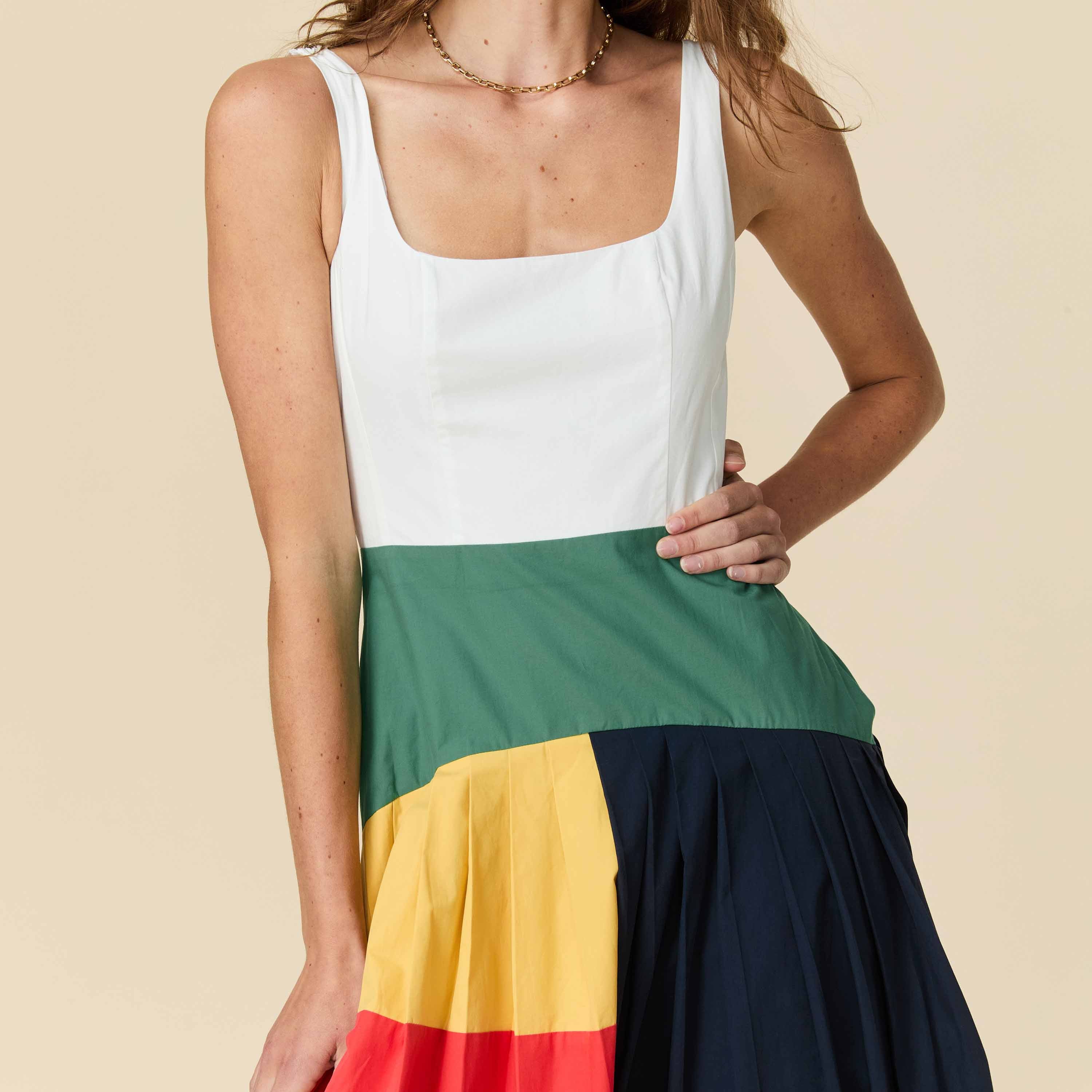Women's Cotton Poplin Pleated Dress Colorblock - Image 7