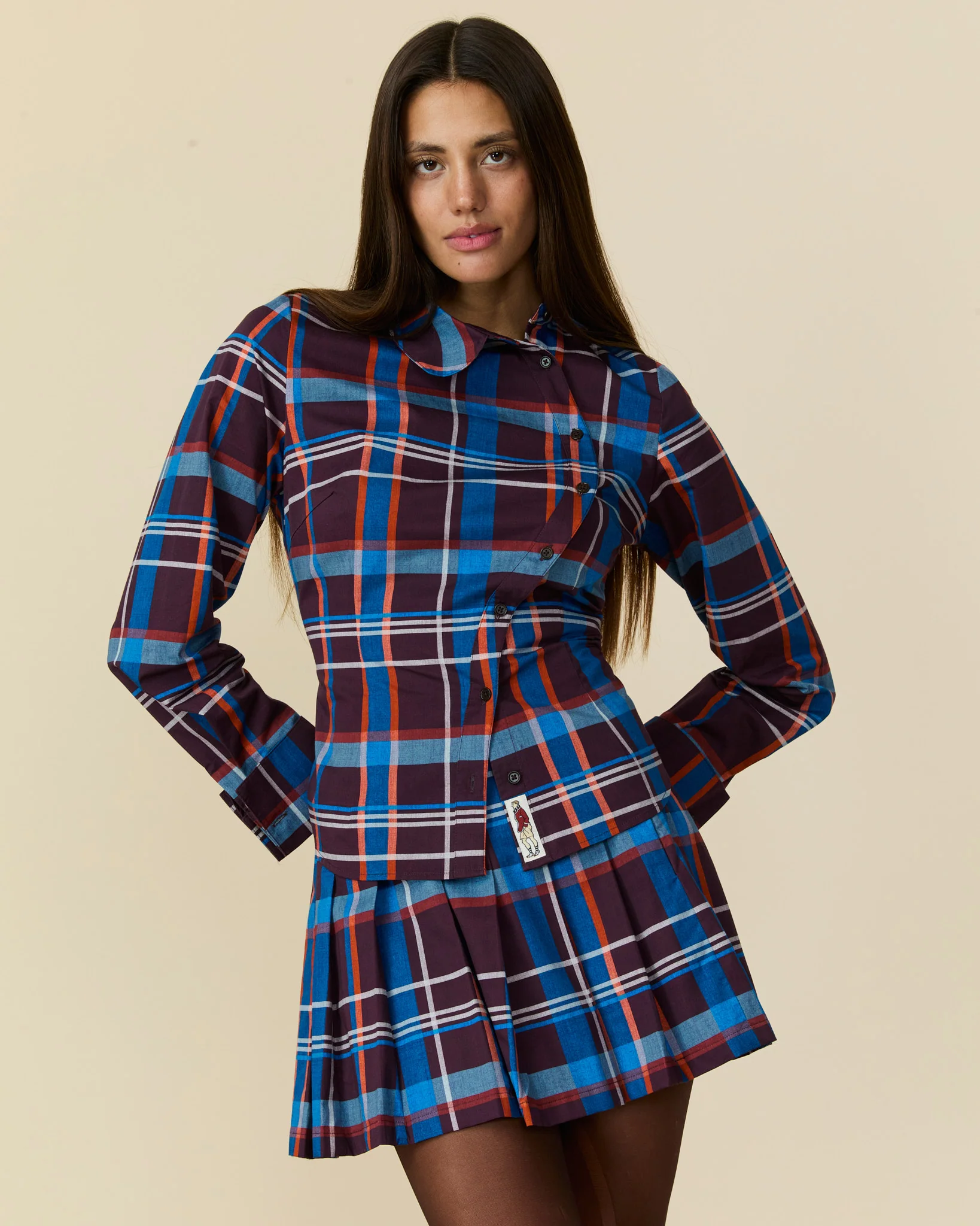 Women's Cotton Poplin Pleated Plaid Skirt Blue Brown Plaid - Image 2