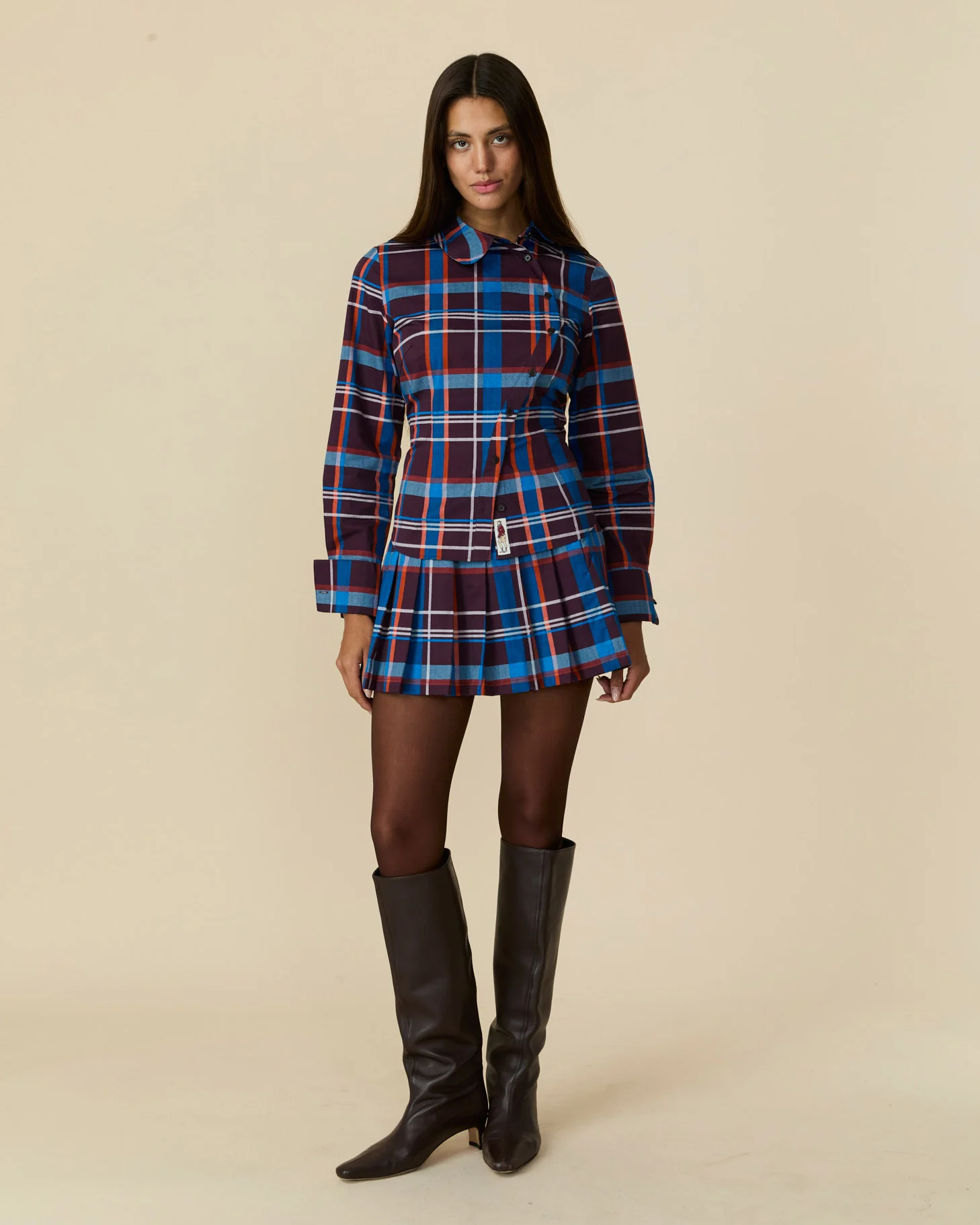 Women's Cotton Poplin Pleated Plaid Skirt Blue Brown Plaid - Image 7