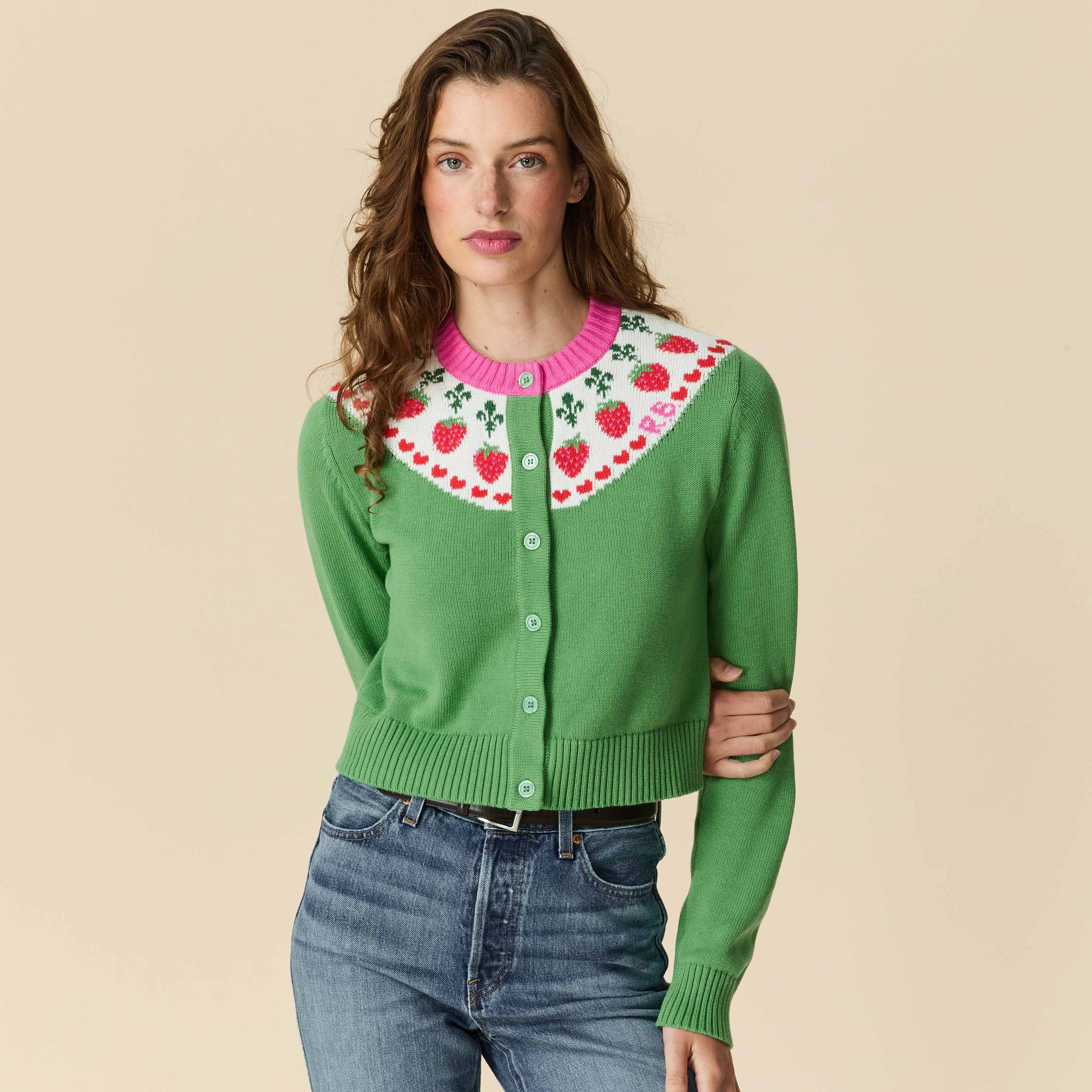 Women's Cotton Strawberry Fairisle Cropped Cardigan Green - Image 3