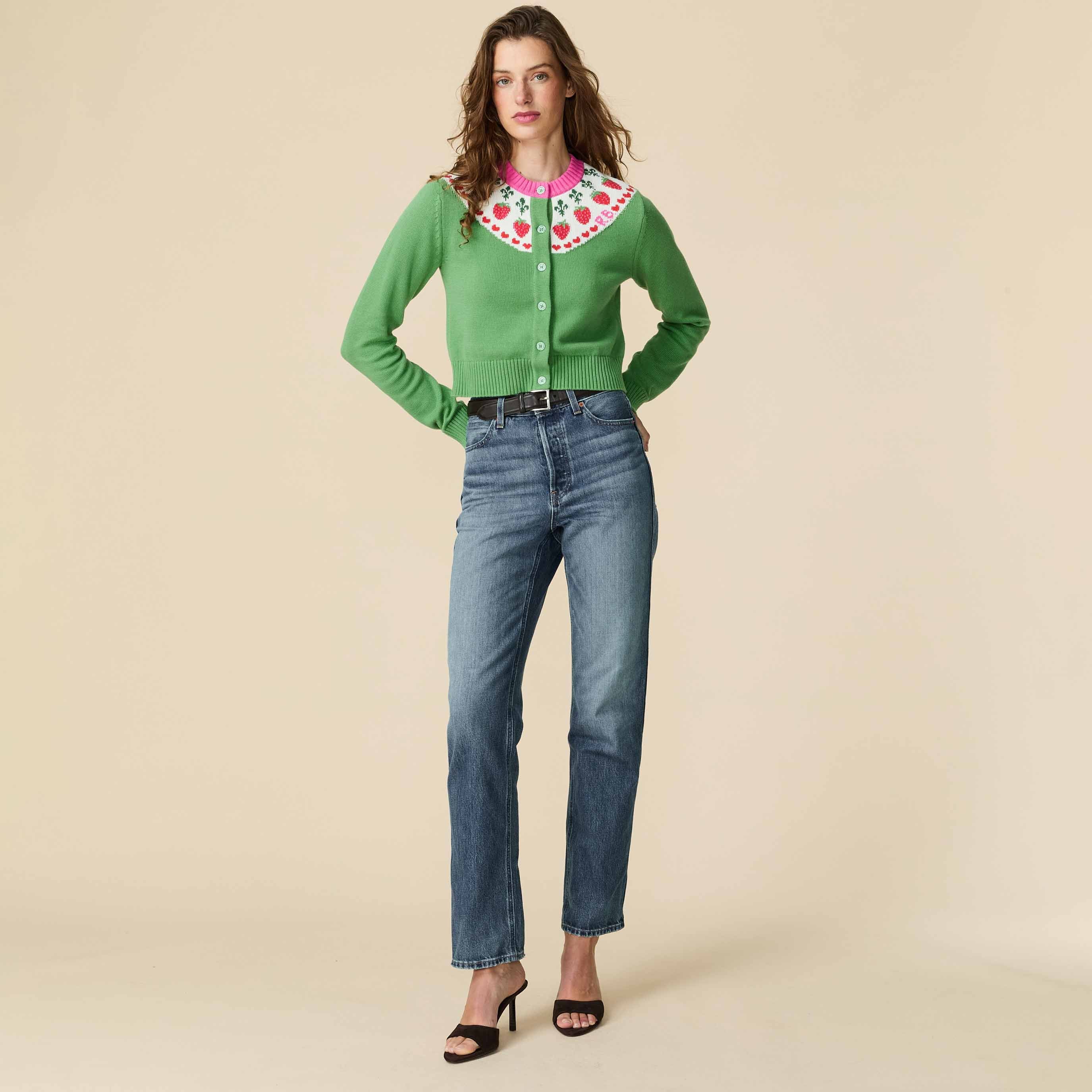 Women's Cotton Strawberry Fairisle Cropped Cardigan Green - Image 4