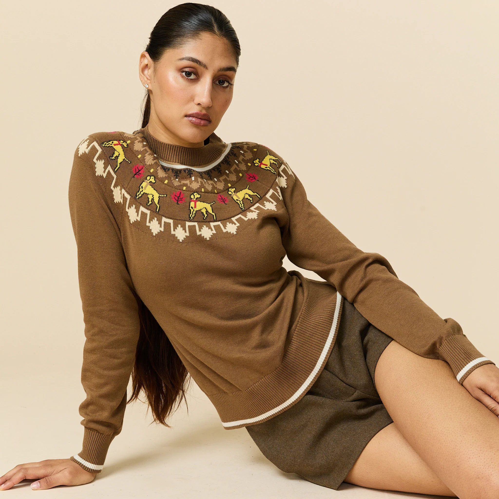 Women's Cotton Thanksgiving Fairisle Sweater Brown - Image 2